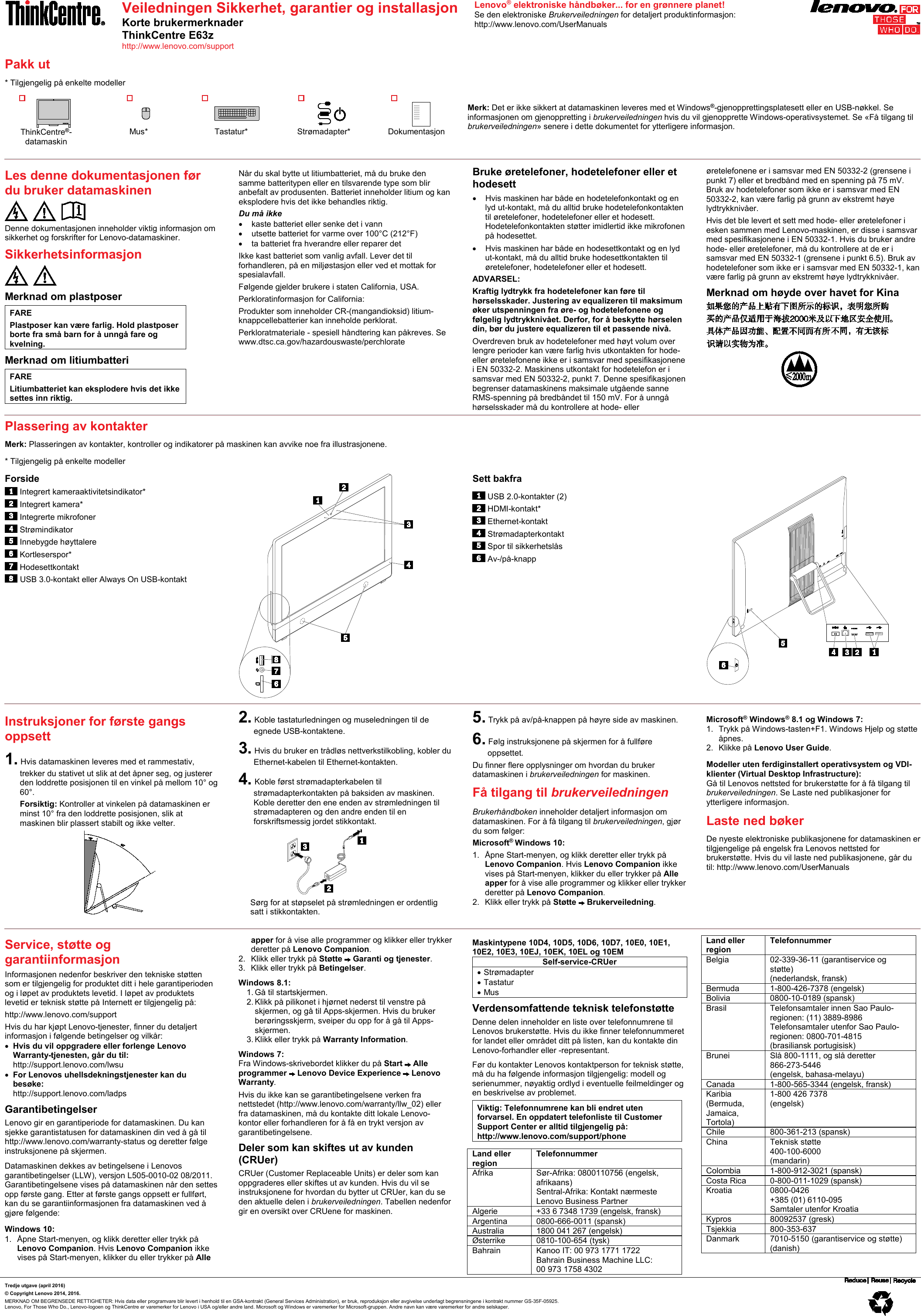 Page 5 of 8 - Lenovo E63Z Swsg Dk Fi No Sv User Manual (Swedish) Safety, Warranty And Setup Guide All-in-One (Think Centre) - Type 10E2
