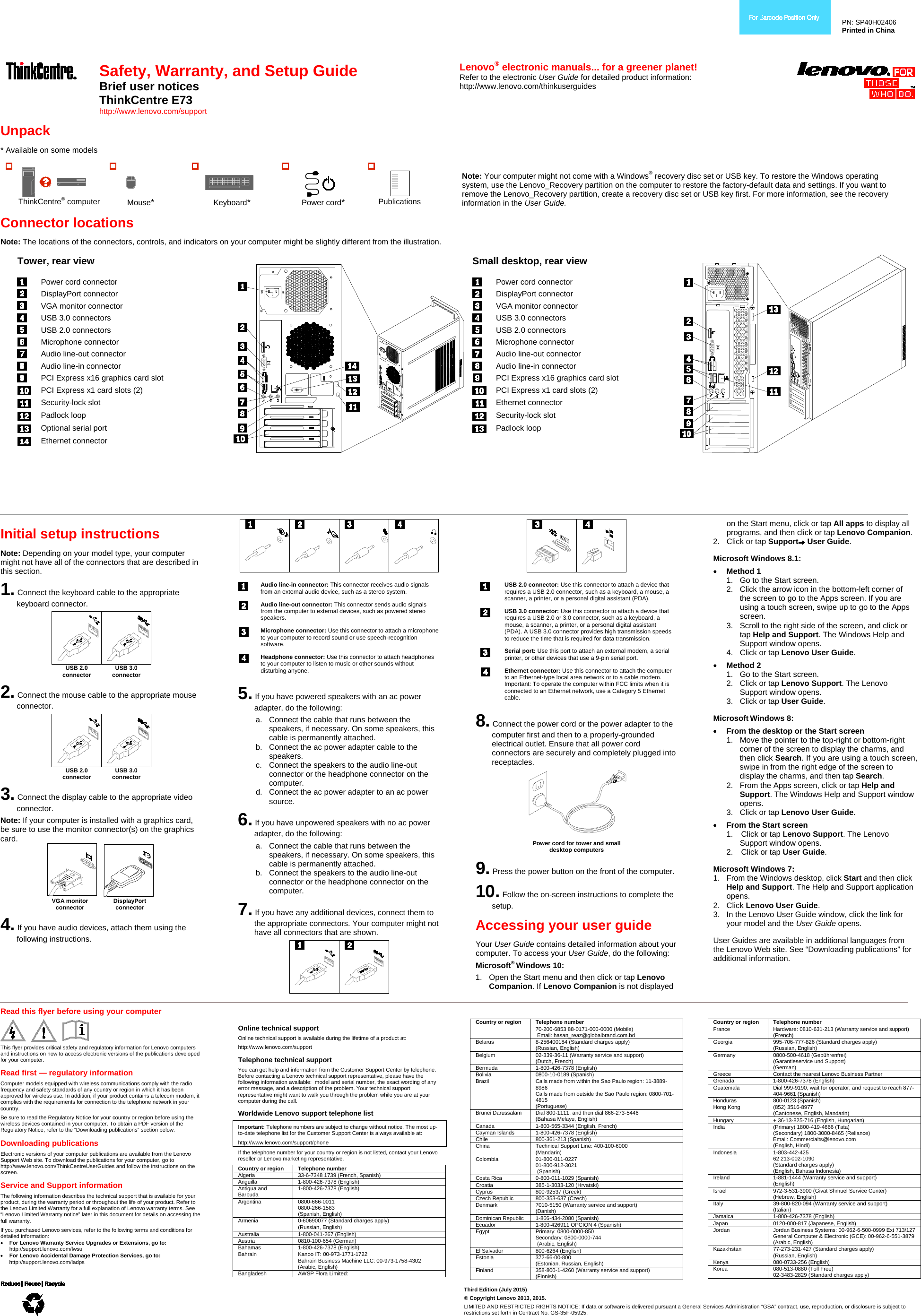 Page 1 of 2 - Lenovo E73 Swsg En Safety, Warranty, And Setup Guide User Manual (English) Warranty Desktop (Think Centre) - Type 10DR