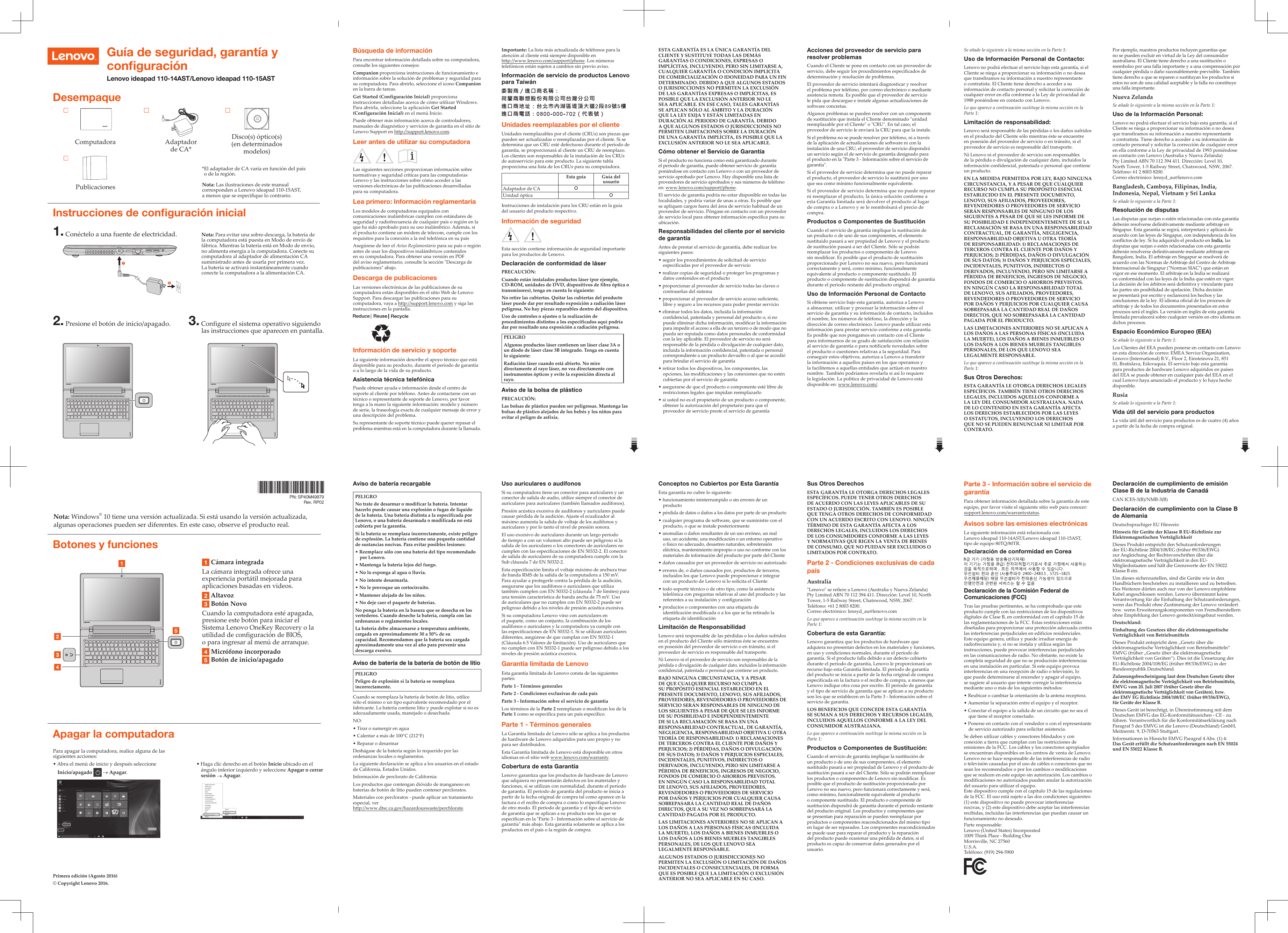 Page 1 of 2 - Lenovo Ideapad110-14Ast 15Ast Swsg Es 201610 Ideapad 110-14 SP-02 User Manual (Spanish) Safety, Warranty, And Setup Guide - 110-14AST, 110-15AST 110-14AST Laptop (ideapad)