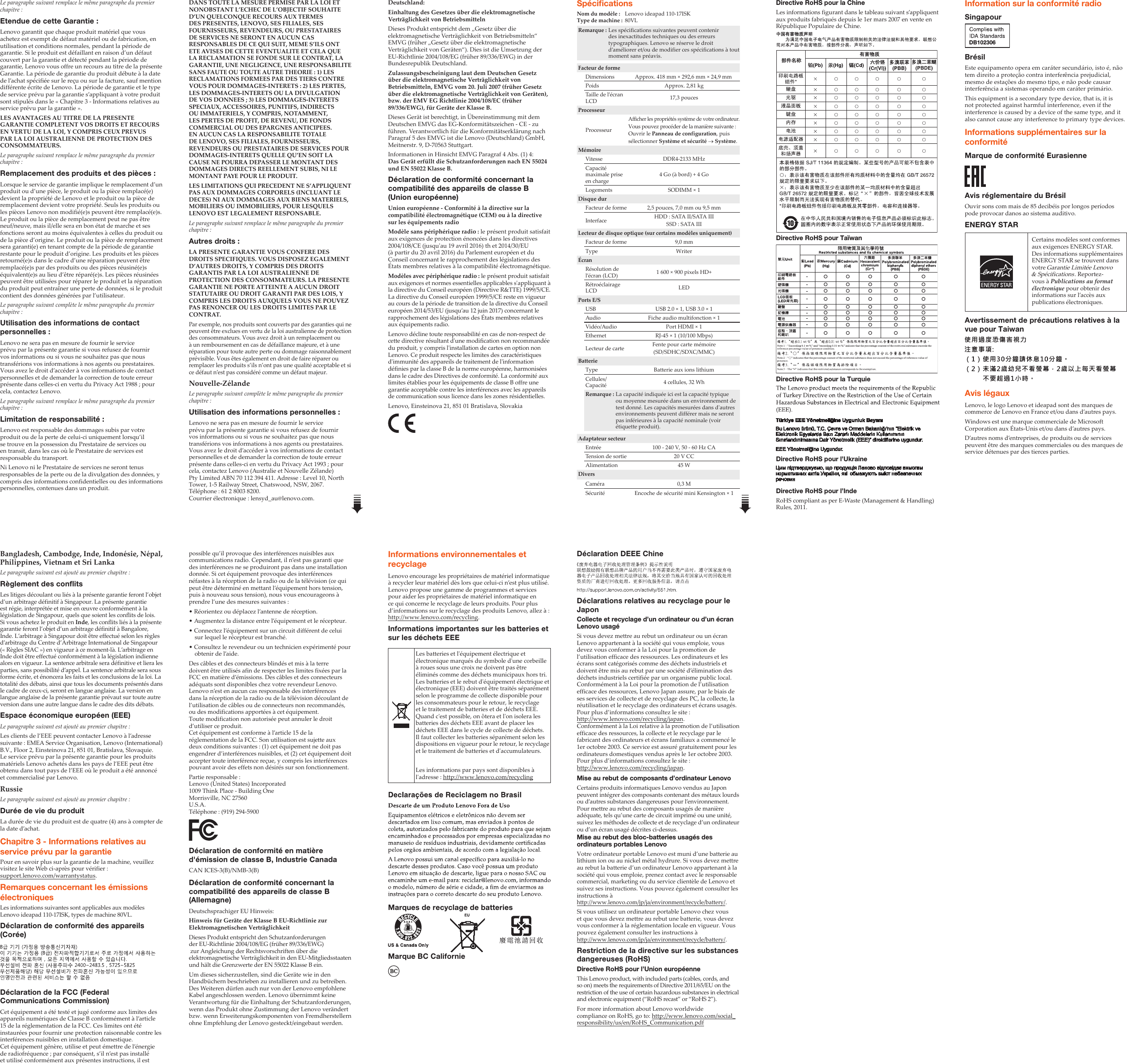 Page 2 of 2 - Lenovo Ideapad 110-17Isk Swsg Fr 201701 FR-01 User Manual (French) Safety, Warranty, And Setup Guide - Laptop (ideapad)