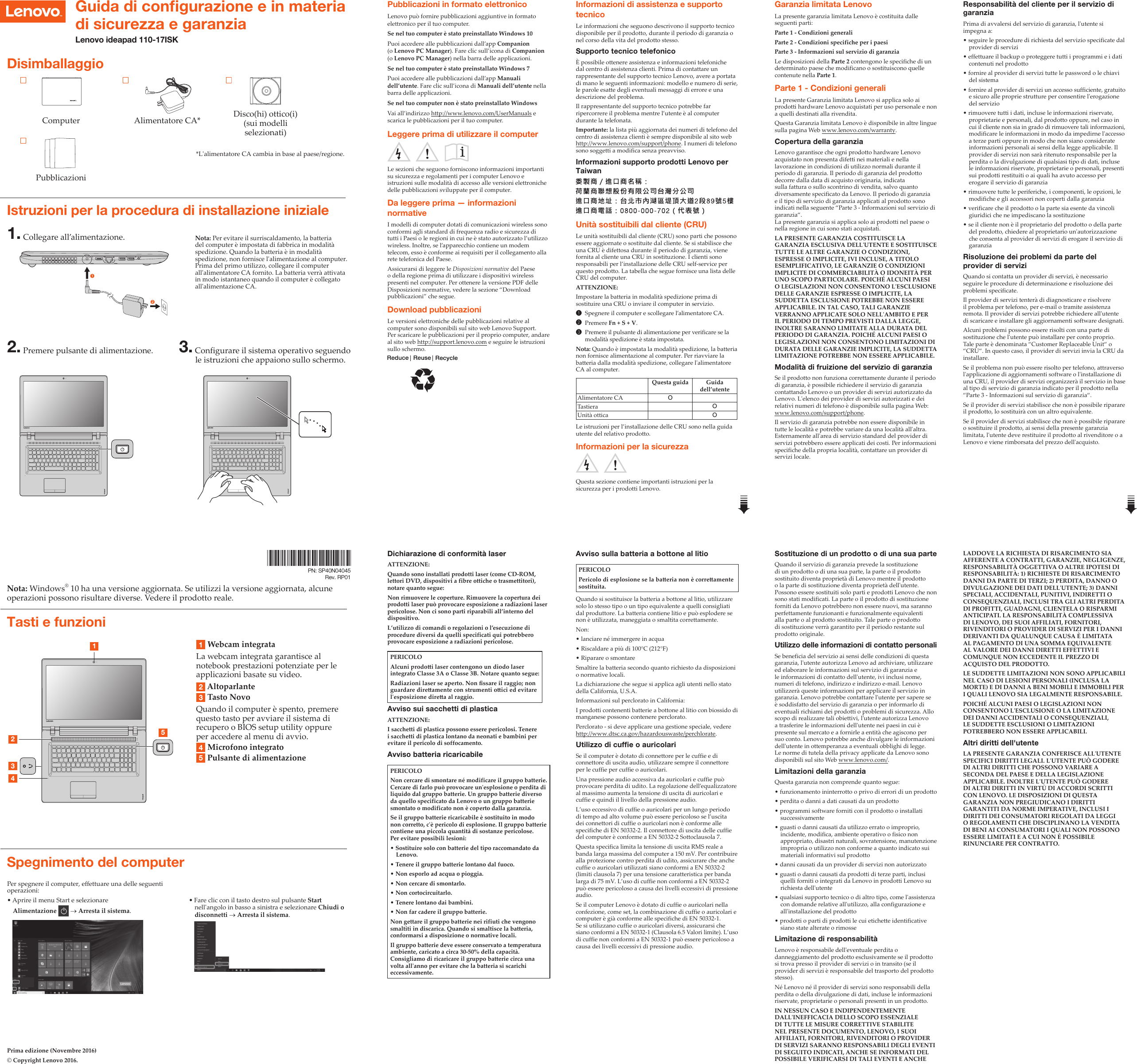 Page 1 of 2 - Lenovo Ideapad 110-17Isk Swsg It 201701 IT-01 User Manual (Italian) Safety, Warranty, And Setup Guide - Laptop (ideapad)