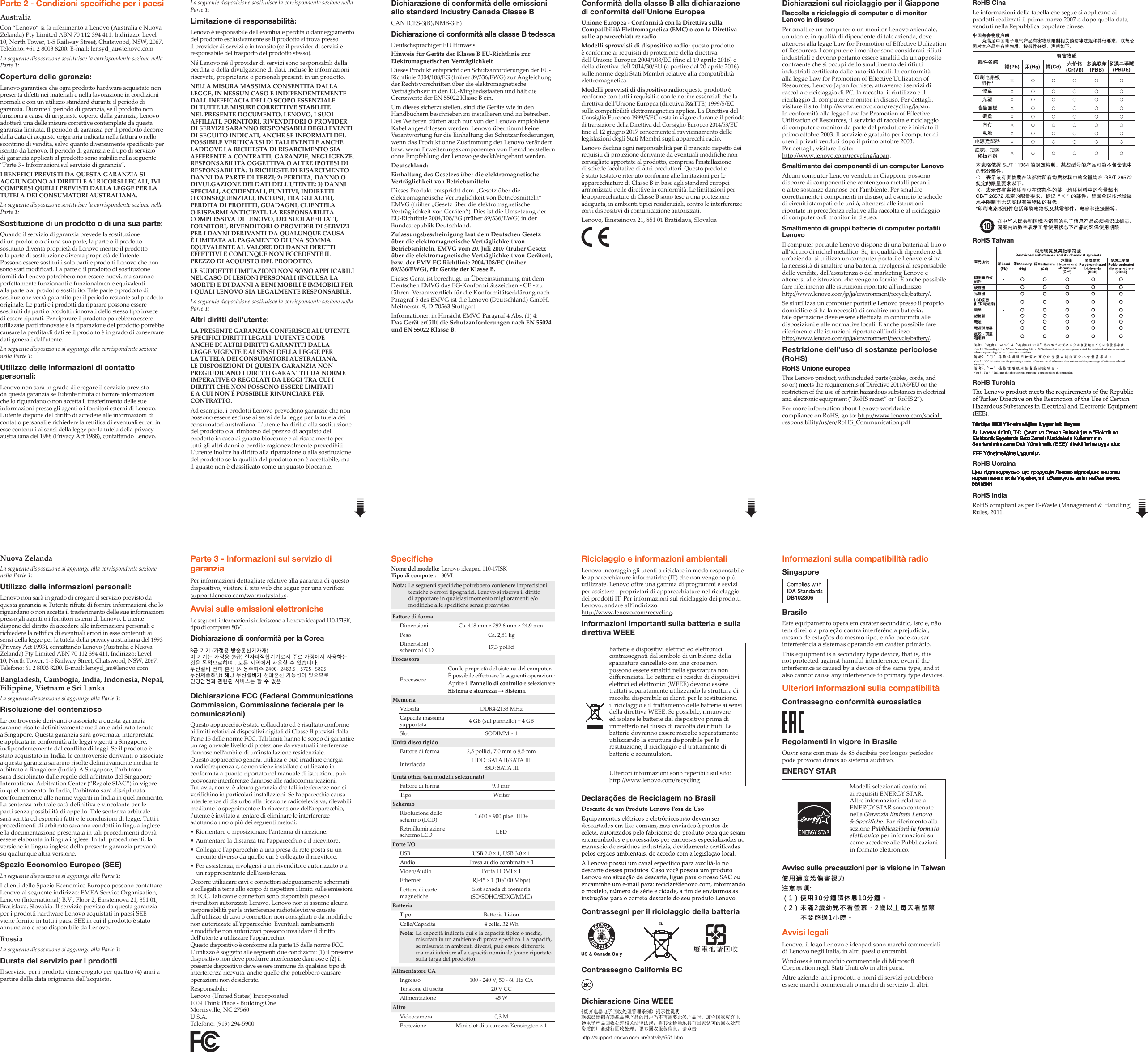 Page 2 of 2 - Lenovo Ideapad 110-17Isk Swsg It 201701 IT-01 User Manual (Italian) Safety, Warranty, And Setup Guide - Laptop (ideapad)