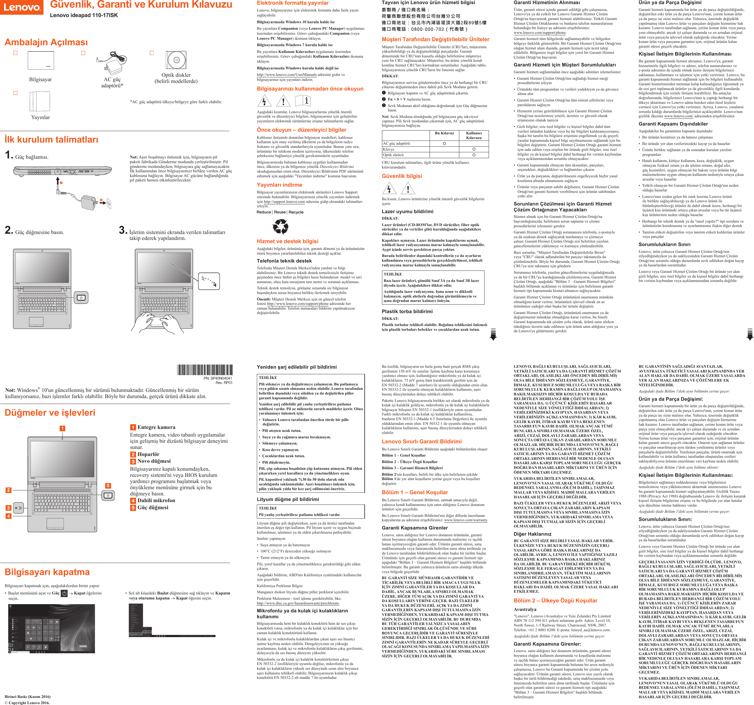 Page 1 of 2 - Lenovo Ideapad 110-17Isk Swsg Tr 201701 TU-01 User Manual (Turkish) Safety, Warranty, And Setup Guide - Laptop (ideapad)