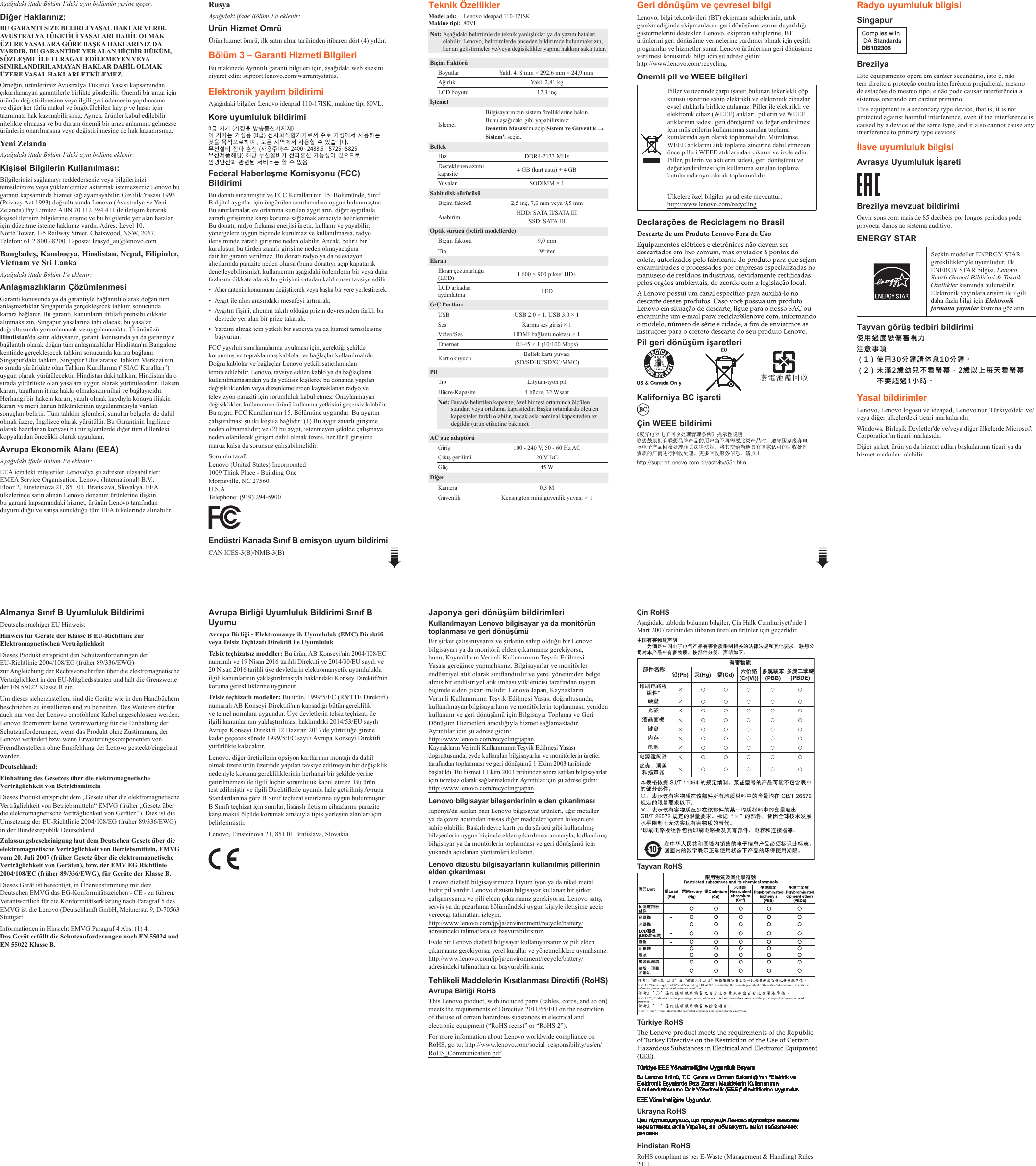 Page 2 of 2 - Lenovo Ideapad 110-17Isk Swsg Tr 201701 TU-01 User Manual (Turkish) Safety, Warranty, And Setup Guide - Laptop (ideapad)