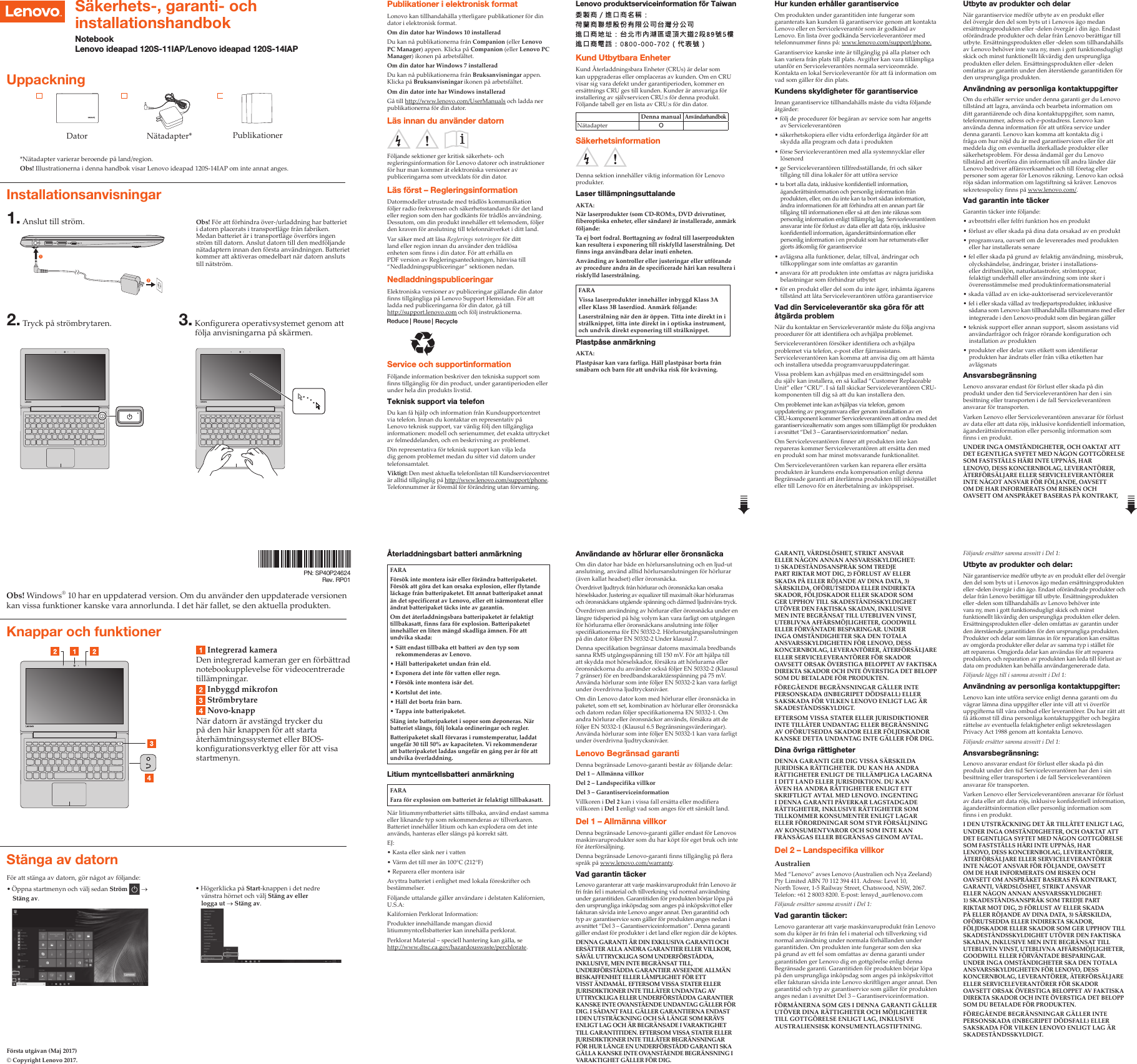 Page 1 of 2 - Lenovo Ideapad120S-11Iap 120S-14Iap Swsg Sv 201707 Ideapad 120s-11 14 IAP SV-01 User Manual (Swedish) Safety, Warranty, And Setup Guide - 120S-11IAP Winbook, Winbook (ideapad) Type 81A4