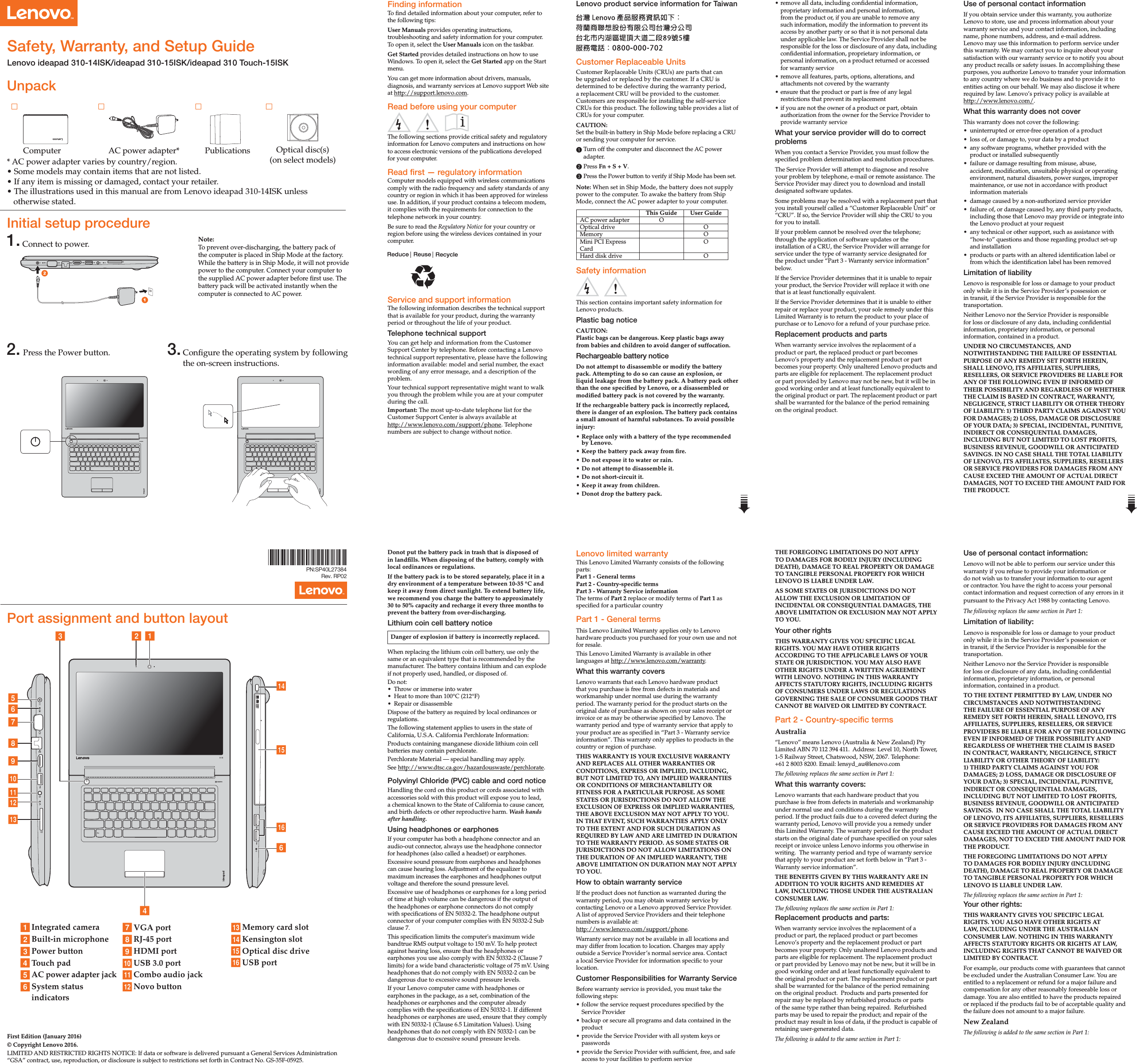 Page 1 of 2 - Lenovo Ideapad 310-14Isk 310-15Isk 310Touch-15Isk Swsg En 201608 User Manual (English) Safety, Warranty, And Setup Guide - Notebook Laptop (ideapad)