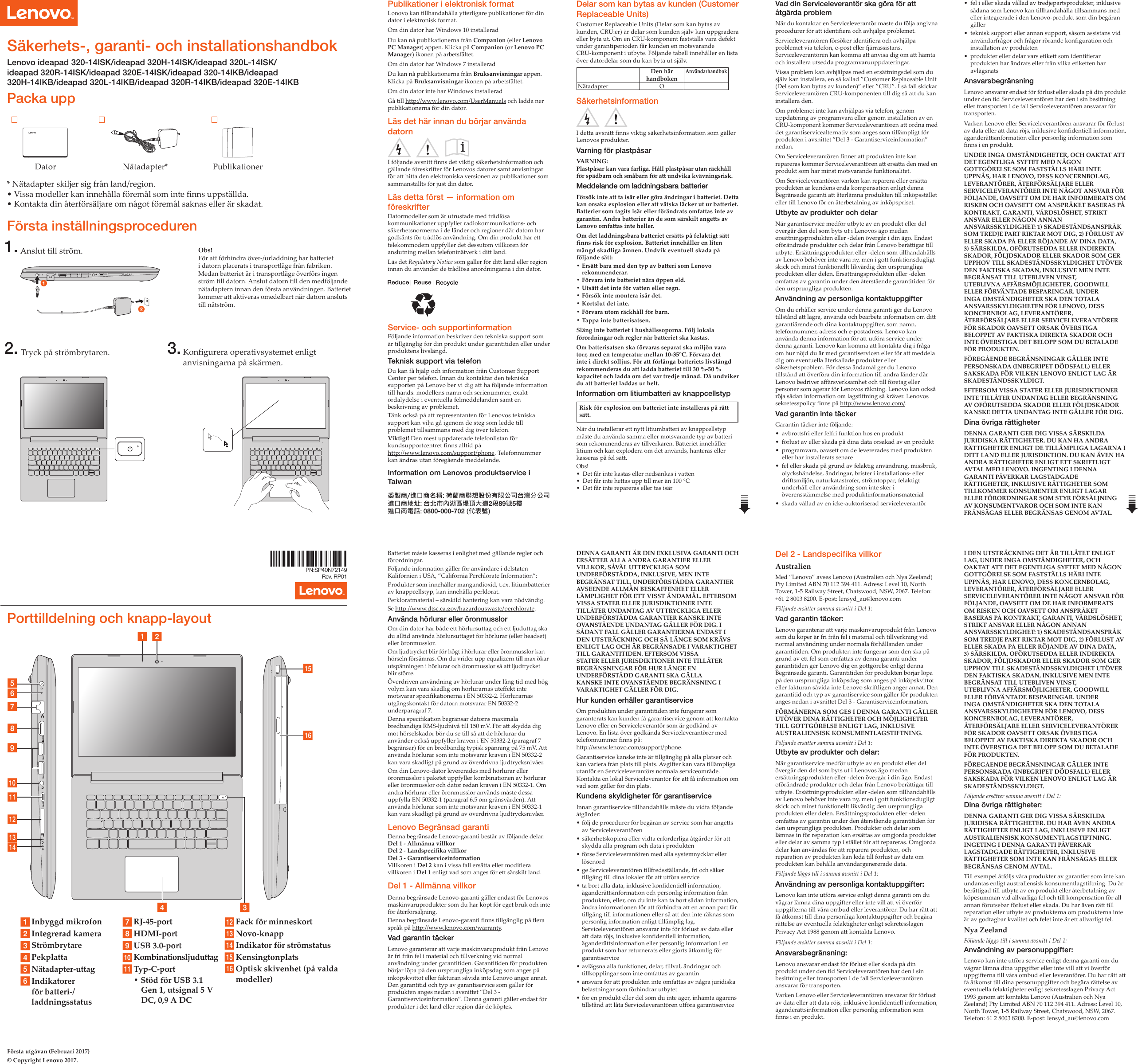 Page 1 of 2 - Lenovo Ideapad320-14Ikb 320X-14Ikb 320-14Isk 320X-14Isk Swsg Sv 201704 User Manual (Swedish) Safety, Warranty, And Setup Guide - Ideapad 320-14IKB, Laptop (ideapad) Type 80XG