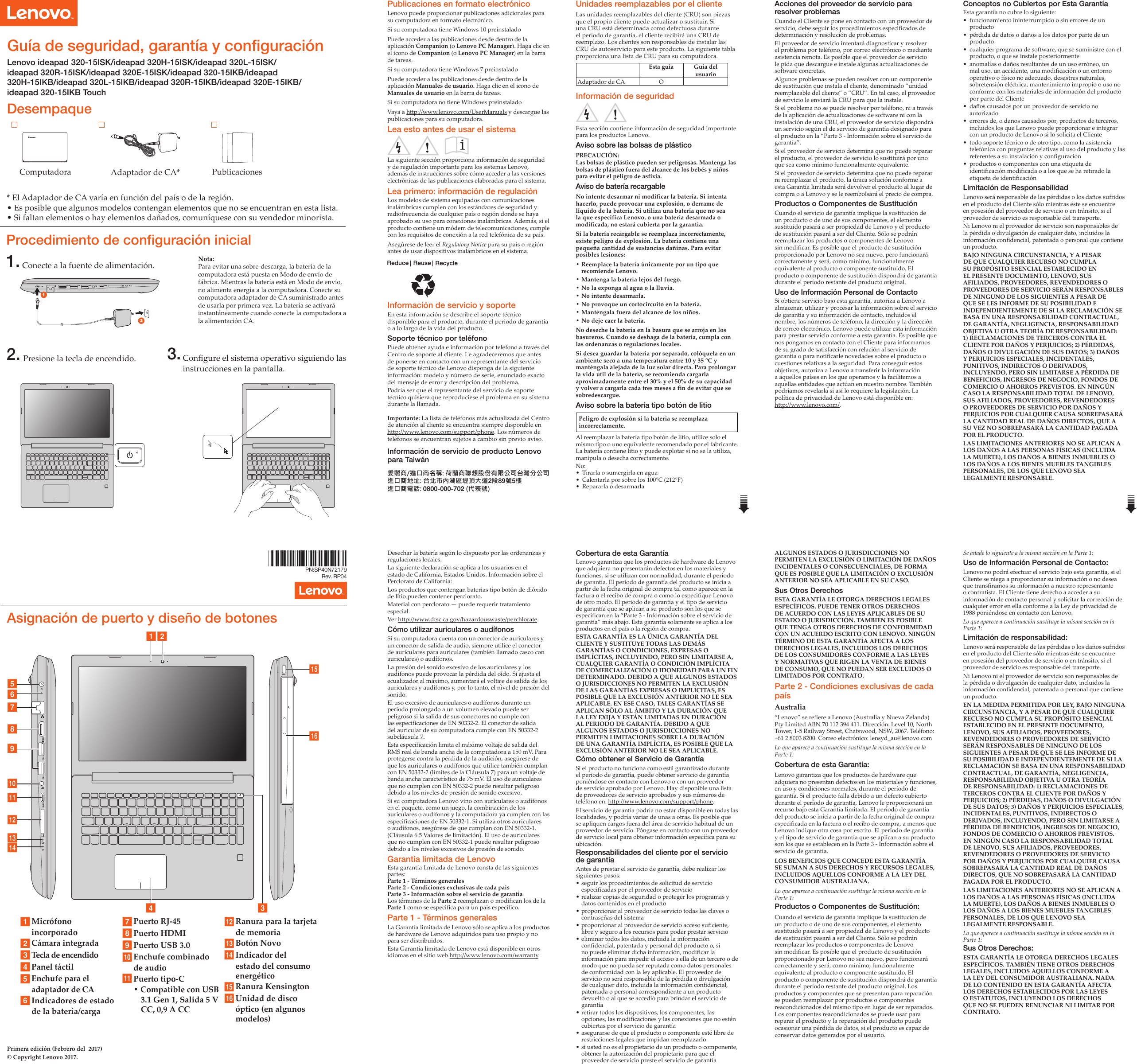 Page 1 of 2 - Lenovo Ideapad320-15Isk 320X-15Isk 320-15Ikb 320X-15Ikb 320-15Ikbtouch Swsg Es 201704 User Manual (Spanish) Safety, Warranty, And Setup Guide - Notebook (Type 80XL, 80YE) Laptop (ideapad) Type 80YH