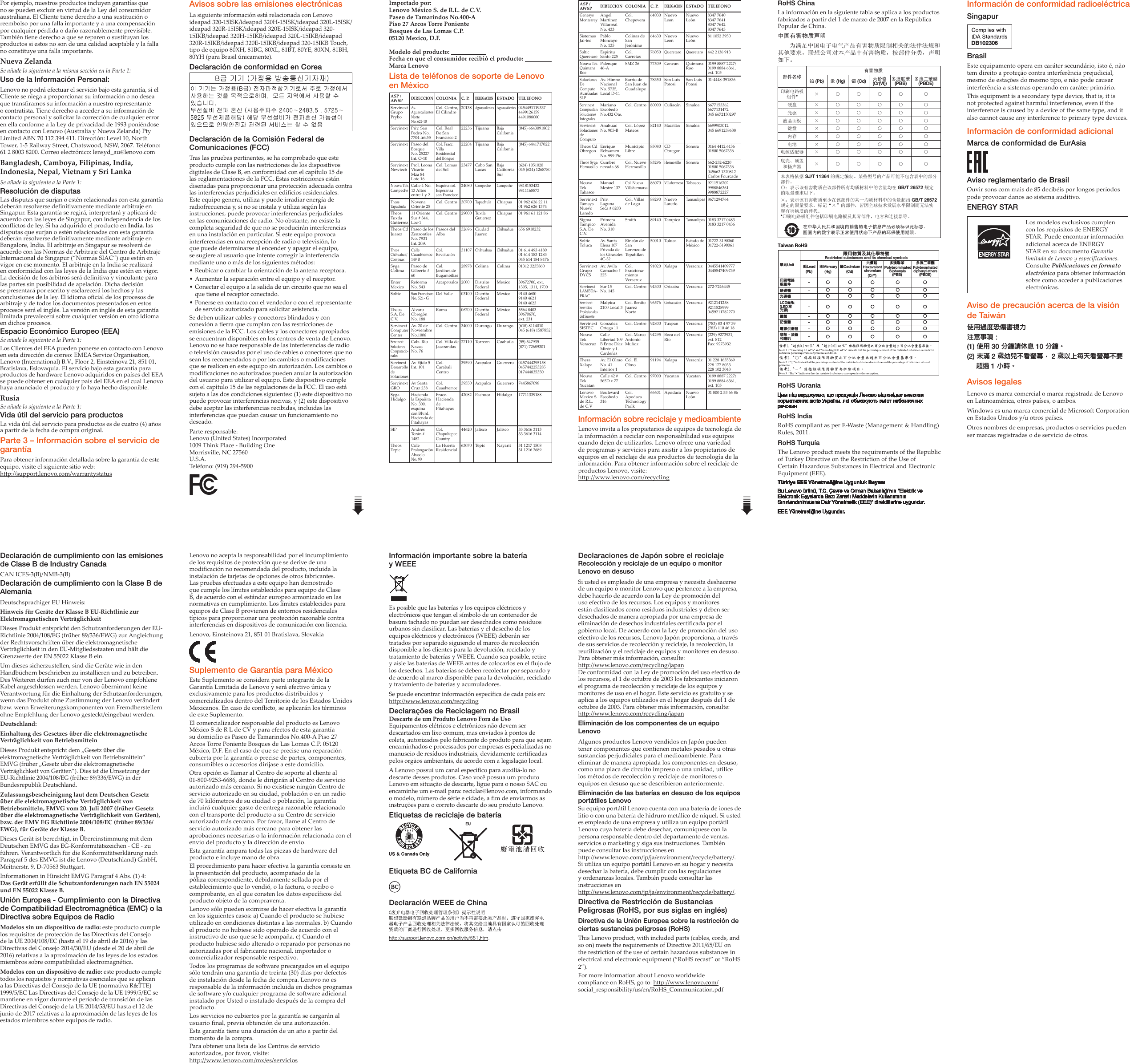 Page 2 of 2 - Lenovo Ideapad320-15Isk 320X-15Isk 320-15Ikb 320X-15Ikb 320-15Ikbtouch Swsg Es 201704 User Manual (Spanish) Safety, Warranty, And Setup Guide - Notebook (Type 80XL, 80YE) Laptop (ideapad) Type 80YH