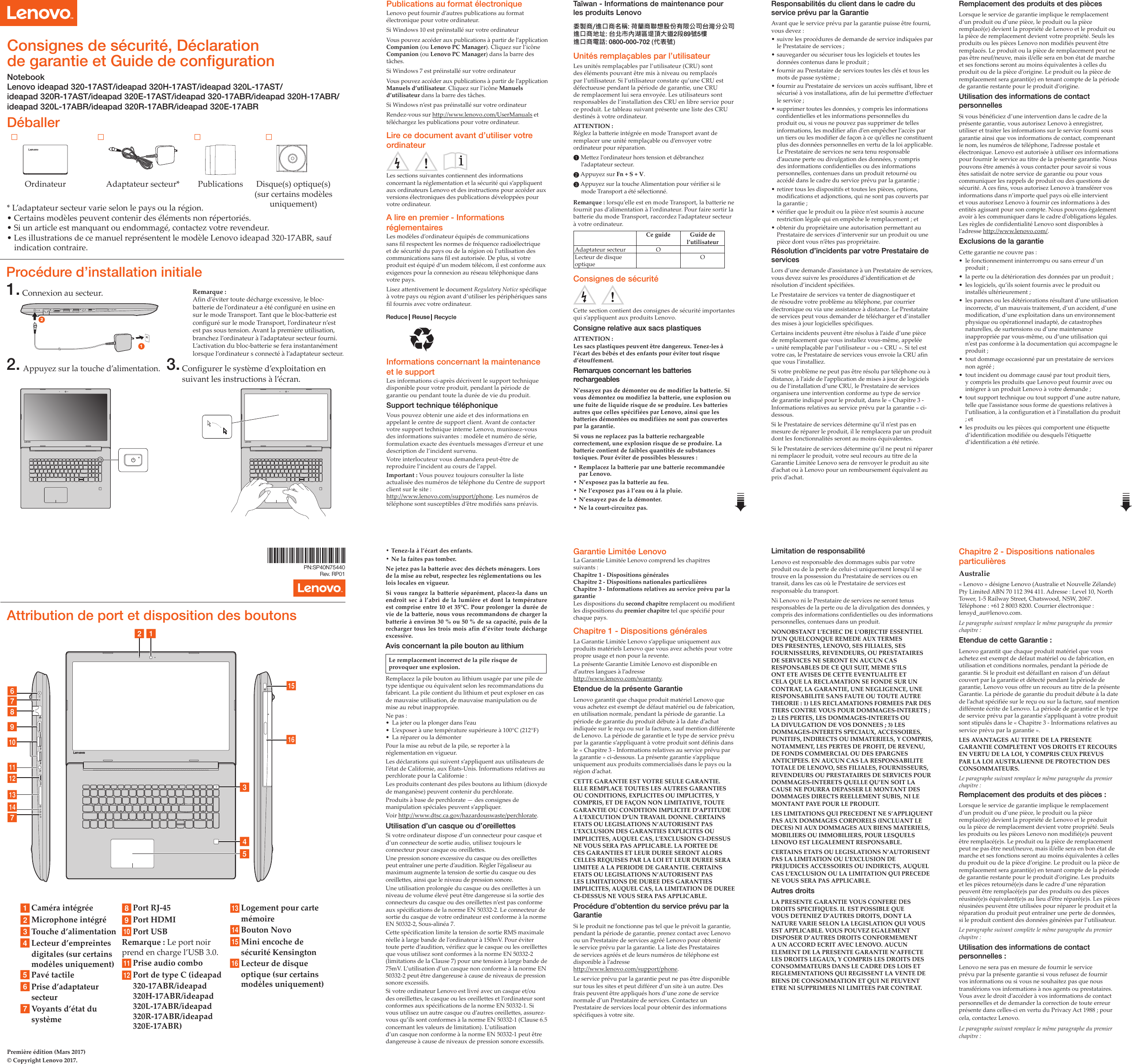 Page 1 of 2 - Lenovo Ideapad320-17Ast 320X-17Ast 320-17Abr 320X-17Abr Swsg Fr 201705 User Manual (French) Safety, Warranty, And Setup Guide - Ideapad 320-17AST, 320-17AST Laptop (ideapad) Type 80XW