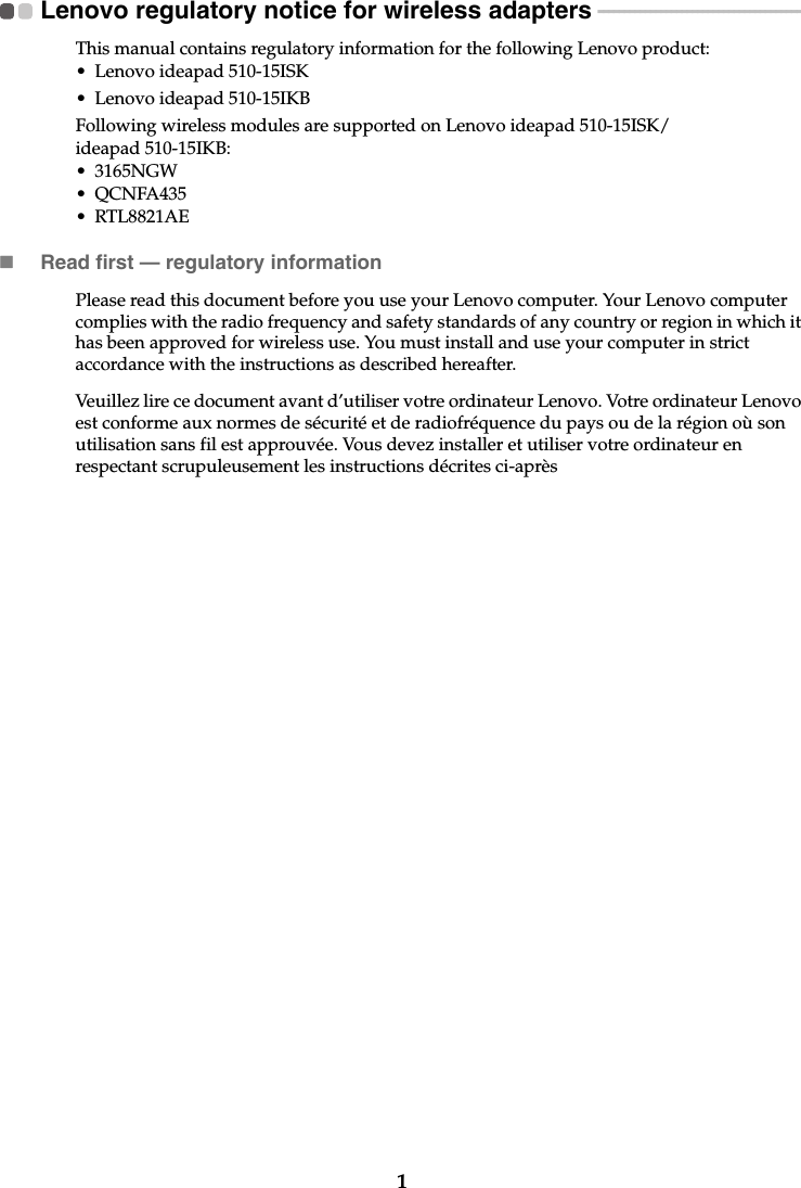 Page 2 of 7 - Lenovo Ideapad 510-15Isk 510-15Ikb Web Rn Us Ca 201604 510-15 ISK US&CA User Manual Regulatory Notice (United States & Canada) - 510-15ISK, Laptop (ideapad)