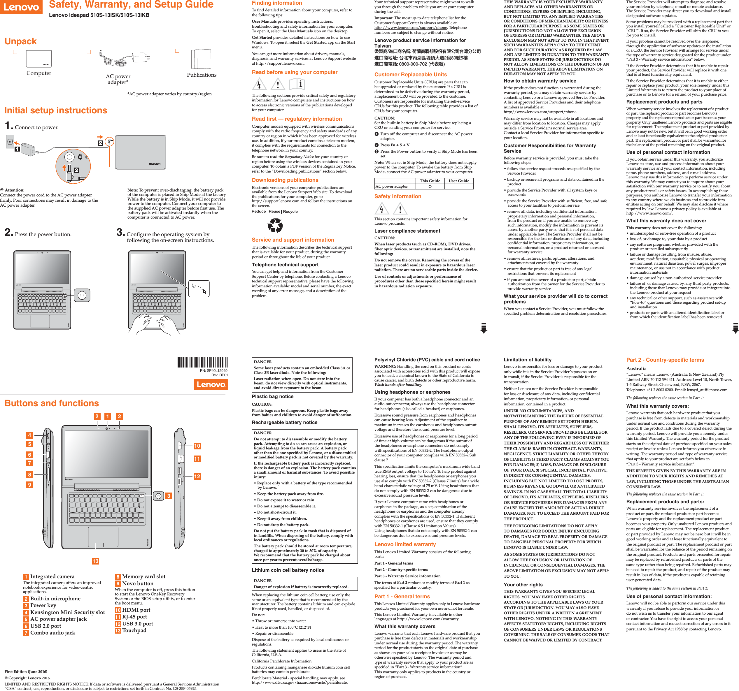 Page 1 of 2 - Lenovo Ideapad 510S-13Isk 510S-13Ikb Swsg En 201608 510S-13ISK&510S-13IKB User Manual (English) Safety, Warranty, And Setup Guide - Laptop (ideapad)