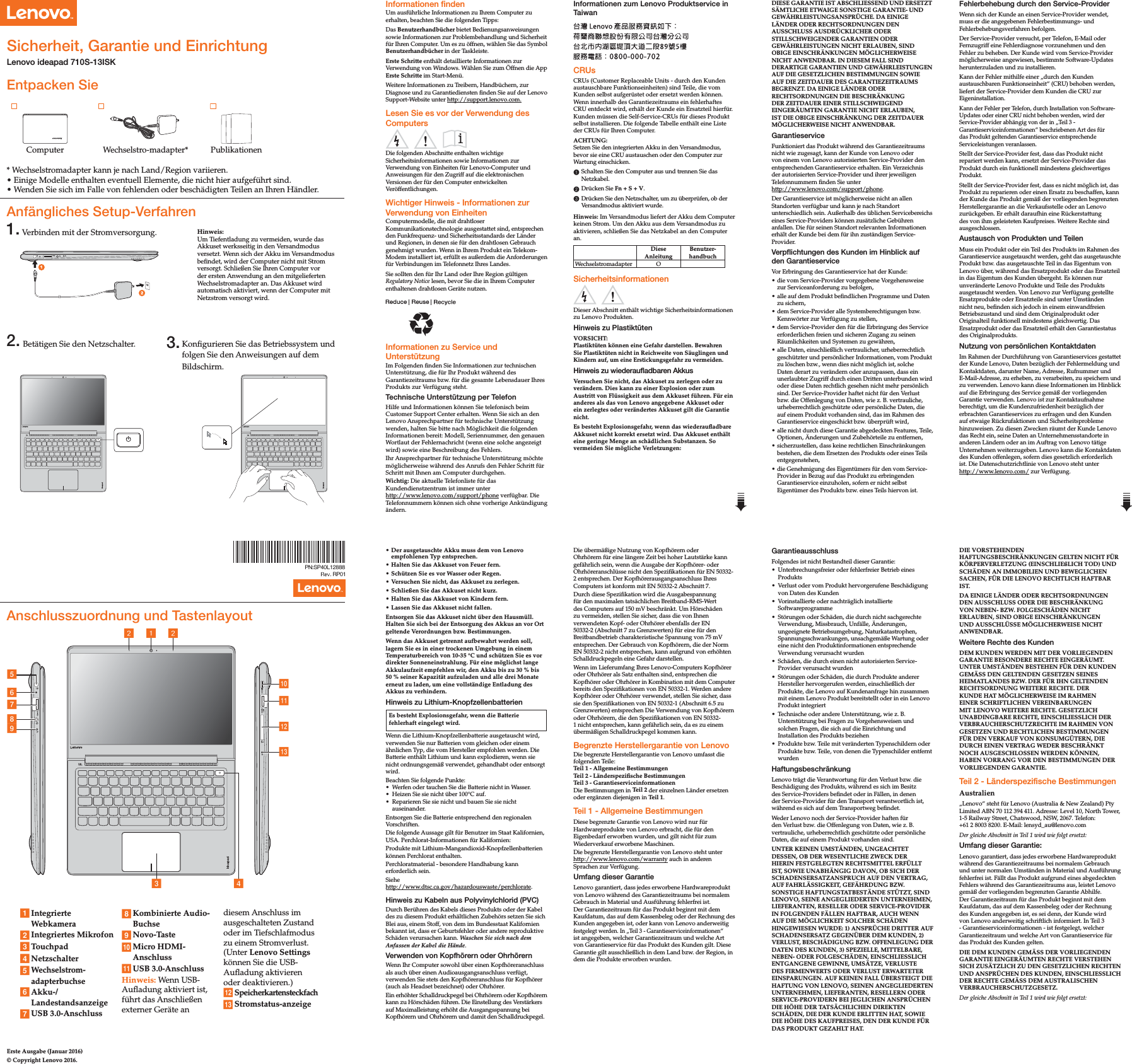 Page 1 of 2 - Lenovo Ideapad 710S-13Isk Swsg De 201608 User Manual (German) Safety, Warranty, And Setup Guide - Laptop (ideapad) Type 80SW