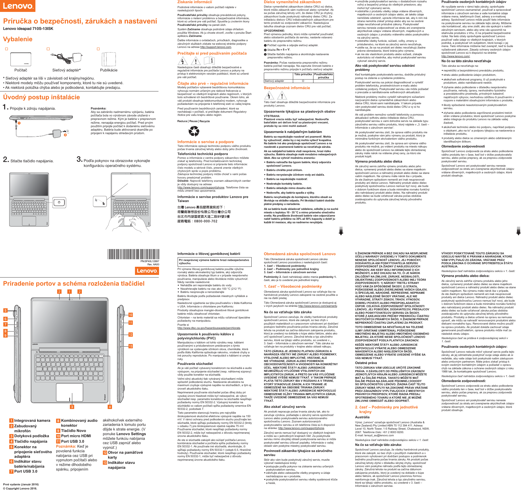 Page 1 of 2 - Lenovo Ideapad 710S-13Isk Swsg Sk 201608 User Manual (Slovak) Safety, Warranty, And Setup Guide - Laptop (ideapad) Type 80SW