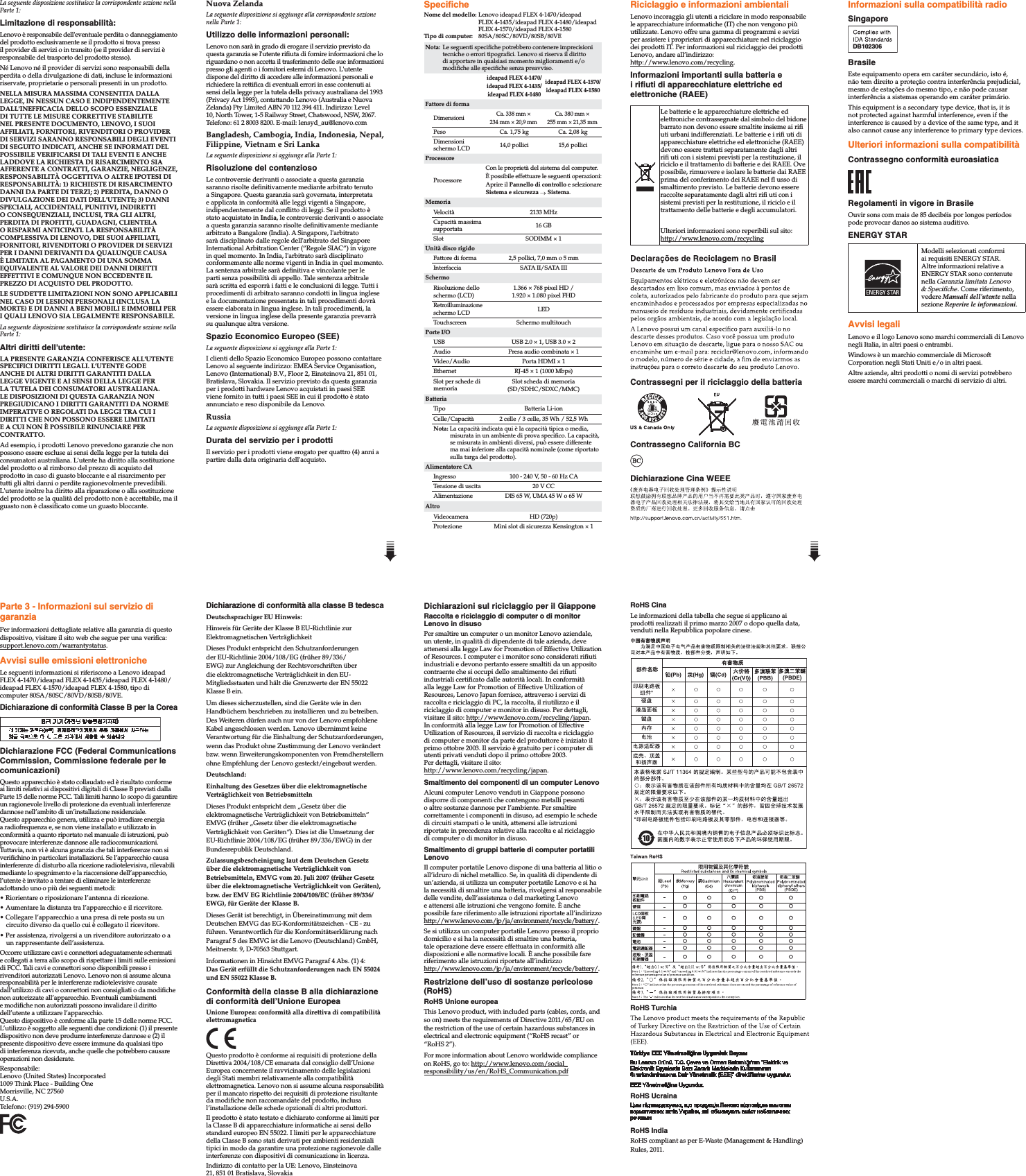 Page 2 of 2 - Lenovo Ideapad Flex4 1470 1570 1435 1480 1580 Swsg It 201608 User Manual (Italian) Safety, Warranty, And Setup Guide - Notebook Flex 4-1470 Laptop (Lenovo) Type 80SA
