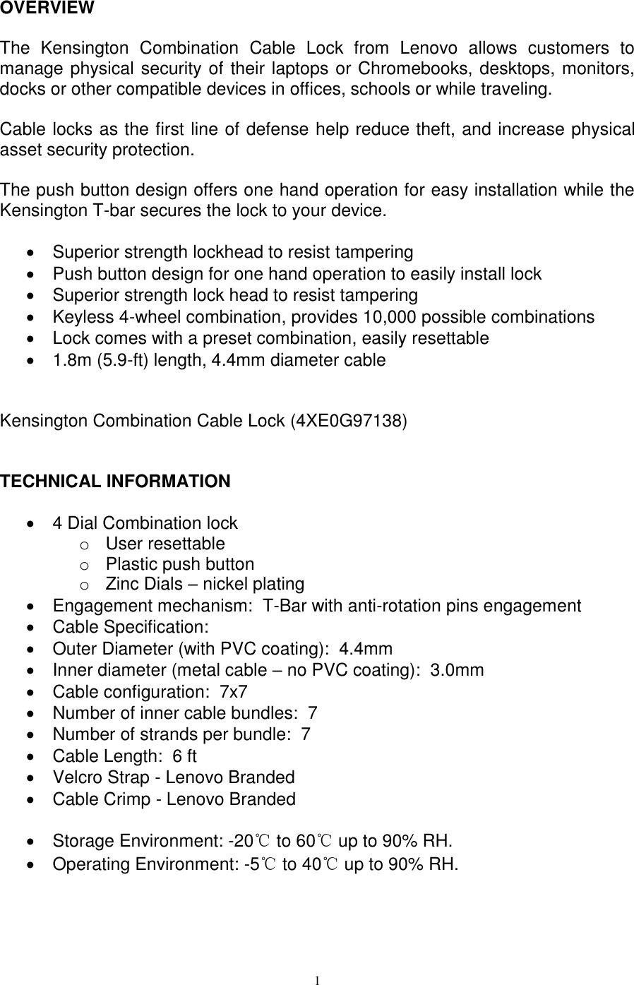 Page 1 of 2 - Lenovo Kensington Comb Cable Lock 4Xe0G97138 User Manual G50-80 Laptop (Lenovo) - Type 20371