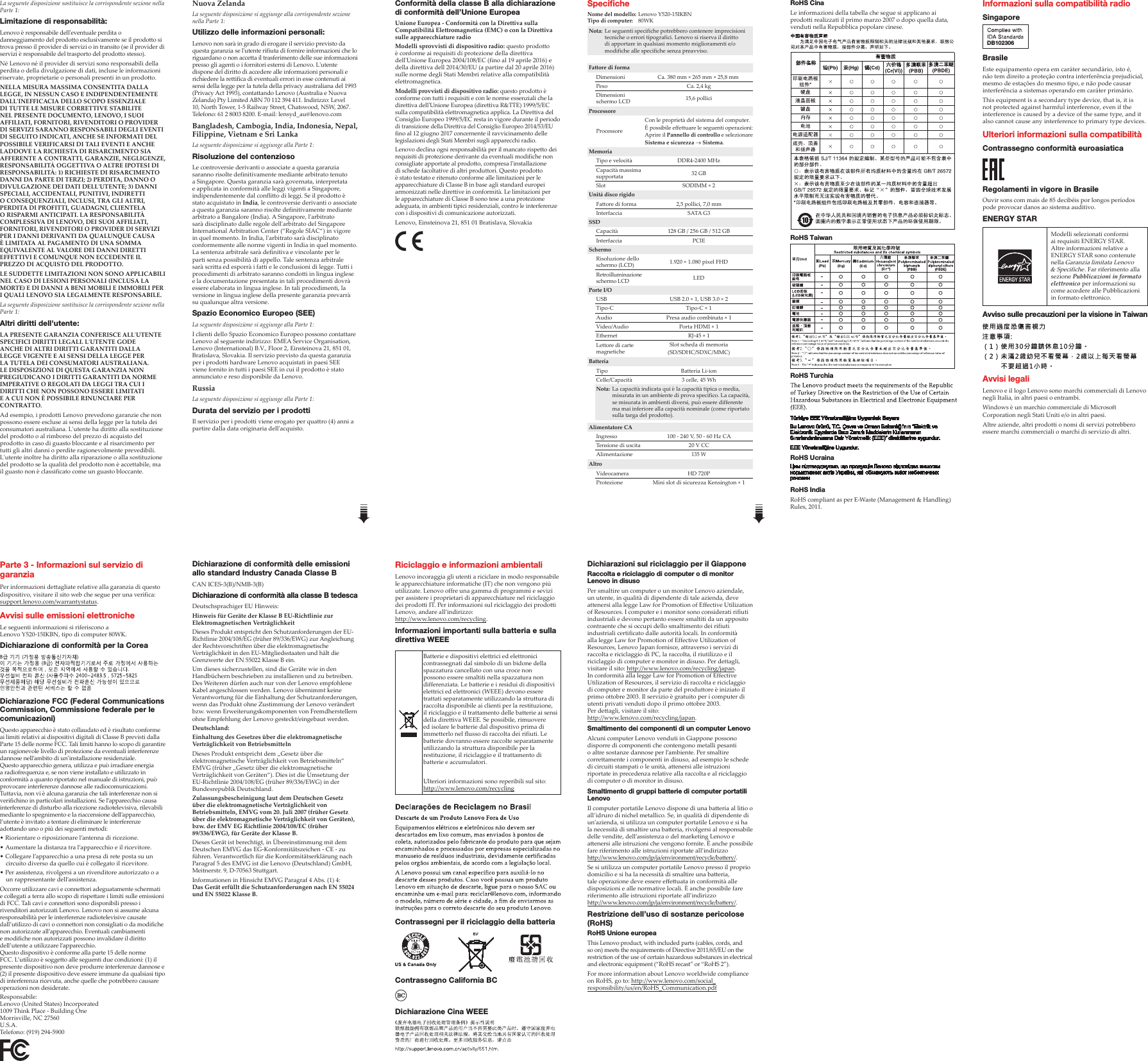 Page 2 of 2 - Lenovo Legion Y520-15Ikbn Swsg It 201701 IT-01 User Manual (Italian) Safety, Warranty, And Setup Guide - Laptop (Lenovo) Type 80WK