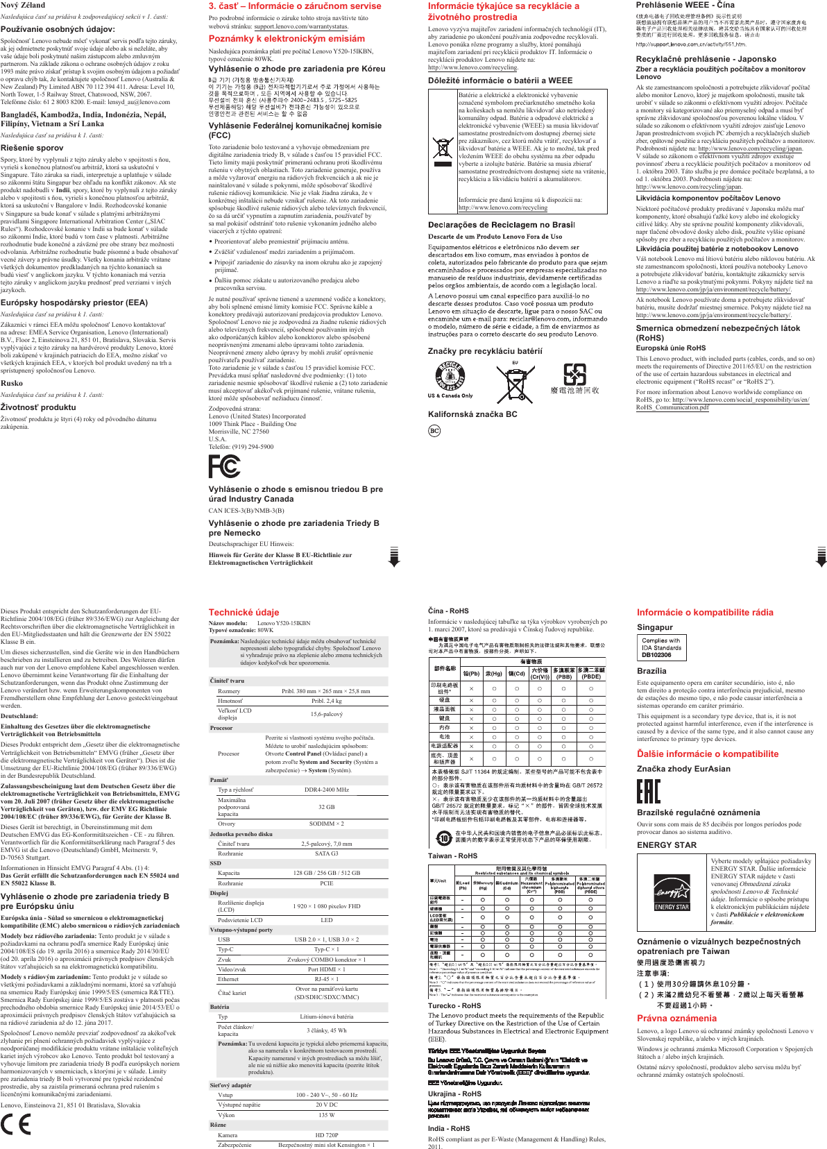 Page 2 of 2 - Lenovo Legion Y520-15Ikbn Swsg Sk 201701 SK-01 User Manual (Slovak) Safety, Warranty, And Setup Guide - Laptop (Lenovo) Type 80WK