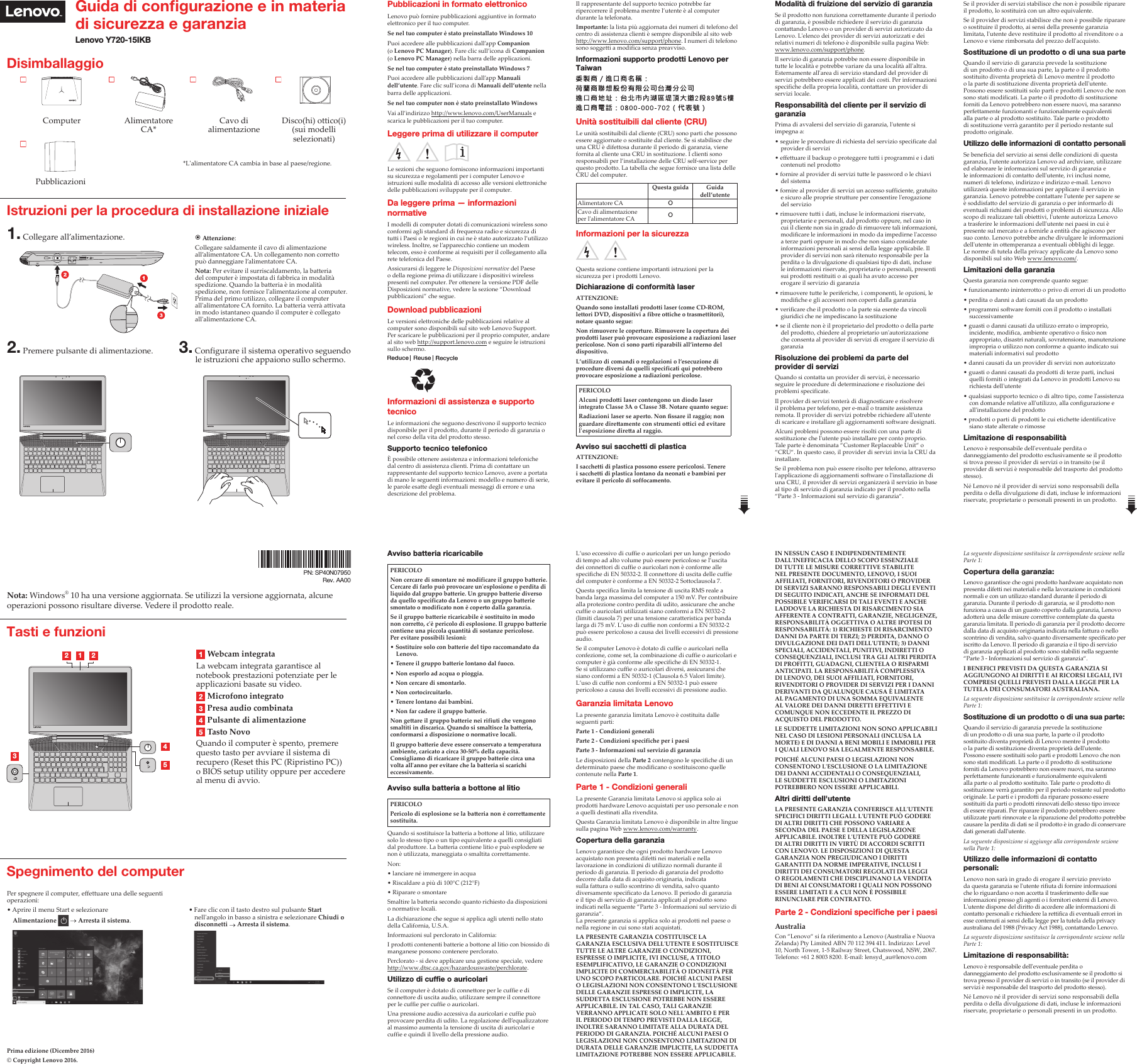 Page 1 of 2 - Lenovo Legion Y720-15Ikb Swsg It 201703 User Manual (Italian) Safety, Warranty, And Setup Guide - Laptop (Lenovo) Type 80VR