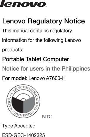 Page 1 of 2 - Lenovo A10-70 Ph Rn V1.0 20140411 Regulatory Notice User Manual Tablet (A7600) (Philippines) (A7600, A7600-F, A7600-H)
