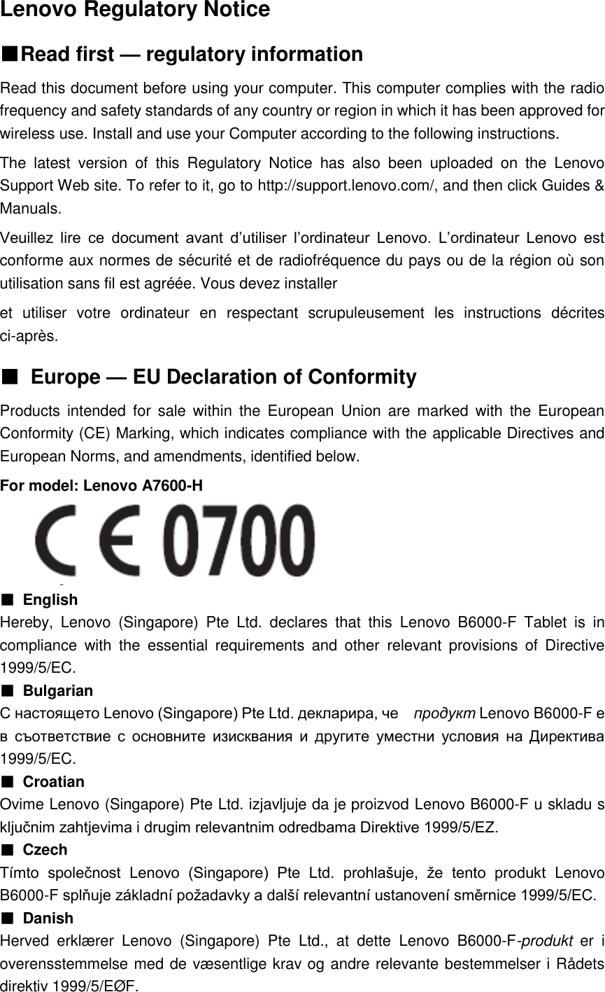 Page 2 of 9 - Lenovo A7600-H Rn V1.0 20141216 User Manual A10-70 Tablet (A7600)-H Regulatory Notice (A7600, A7600-F, A7600-H)