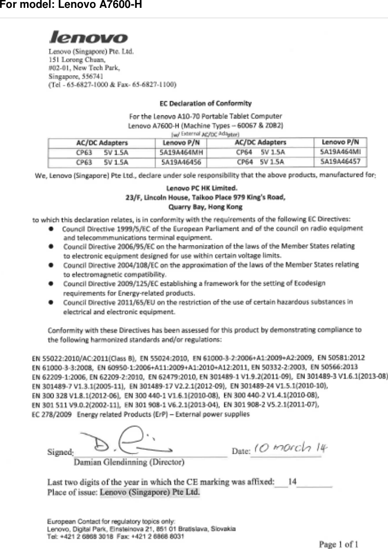 Page 5 of 9 - Lenovo A7600-H Rn V1.0 20141216 User Manual A10-70 Tablet (A7600)-H Regulatory Notice (A7600, A7600-F, A7600-H)