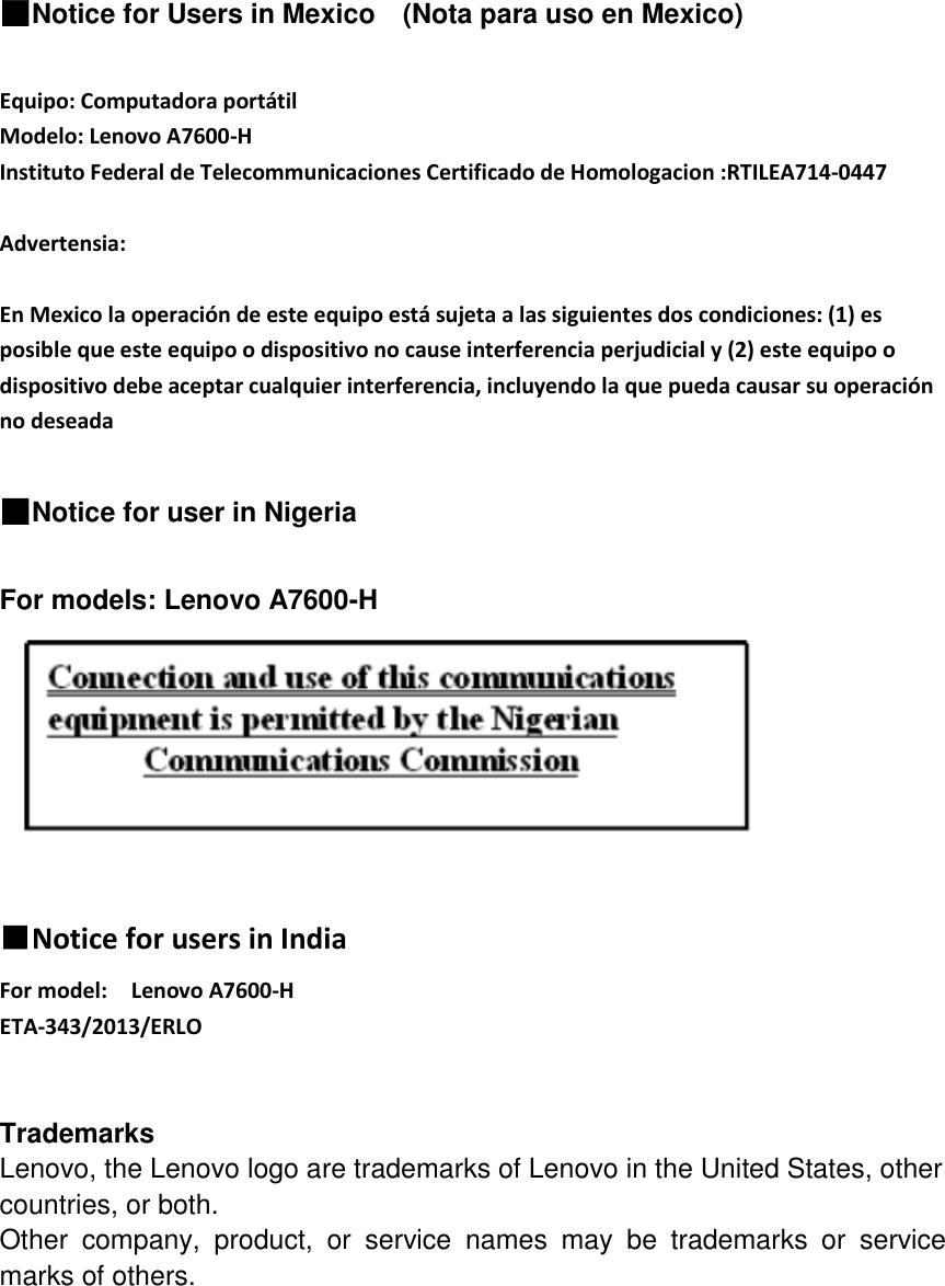Page 8 of 9 - Lenovo A7600-H Rn V1.0 20141216 User Manual A10-70 Tablet (A7600)-H Regulatory Notice (A7600, A7600-F, A7600-H)
