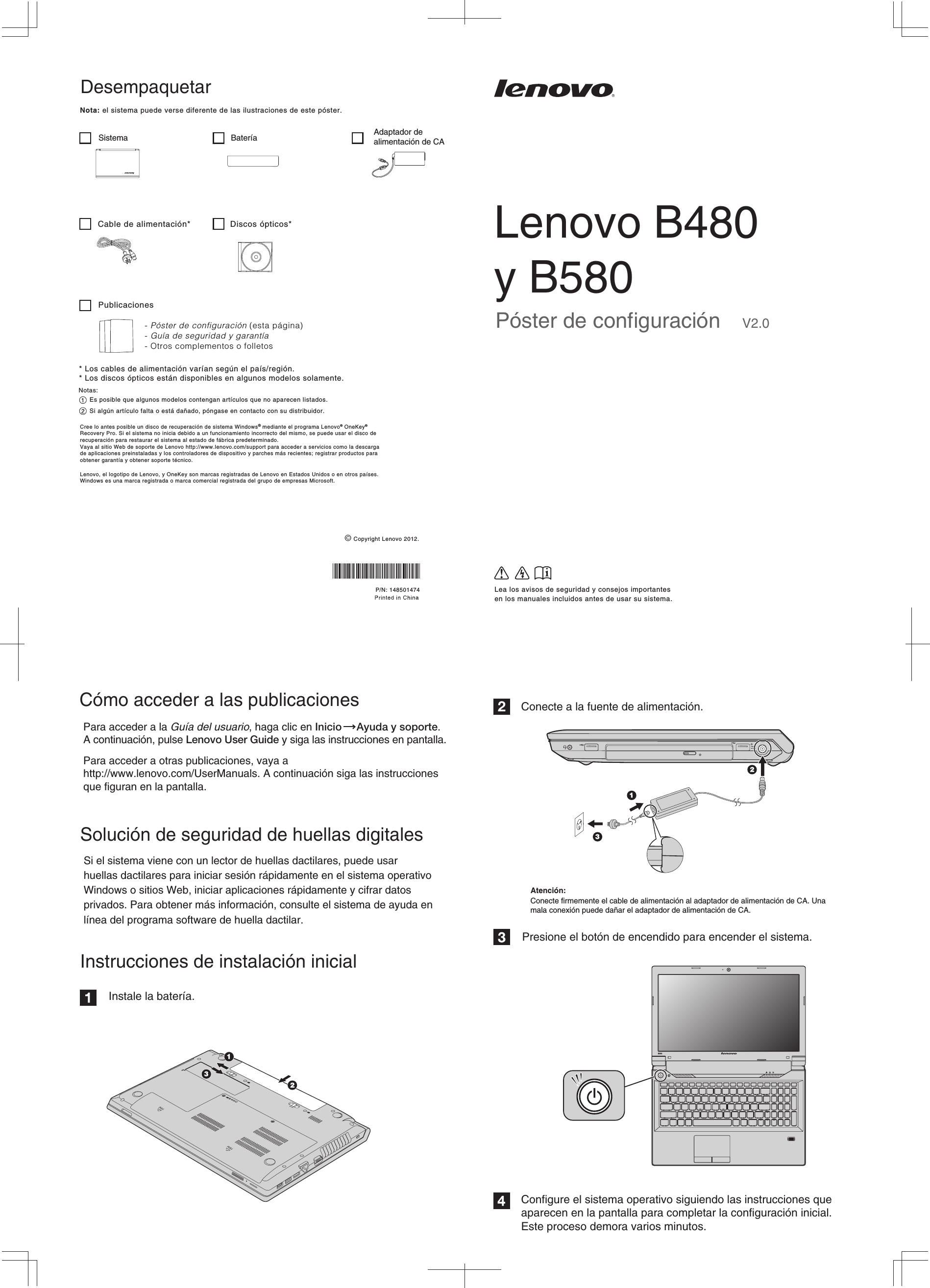 Lenovo B480 B580 Sp V2.0 Spanish User Manual Setup Poster B480, Laptop ...