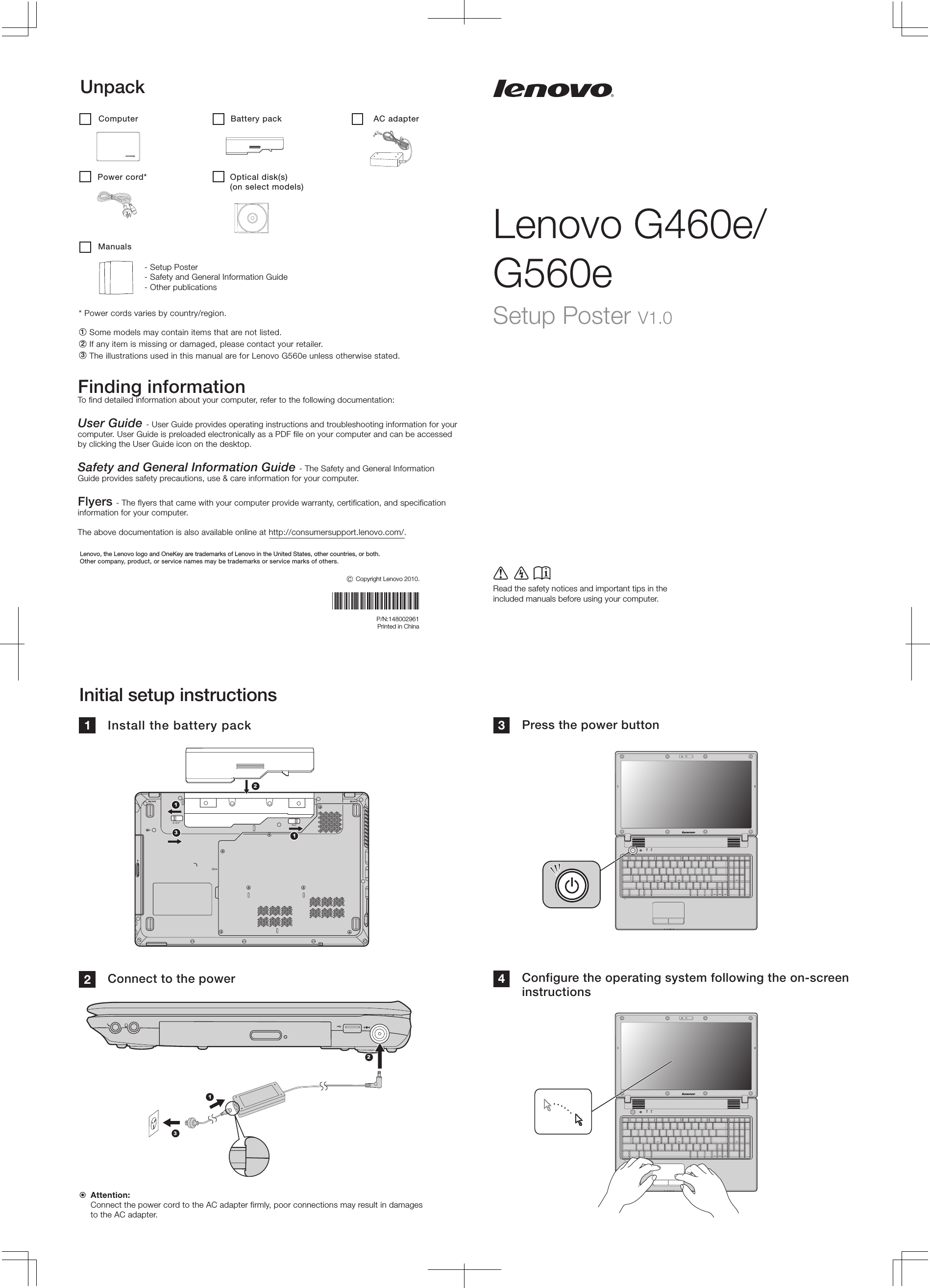 Page 1 of 2 - Lenovo G460Eg560E Setup Poster V1.0 User Manual G460e/G560e G460e Laptop (Lenovo) - Type 21049 G560e