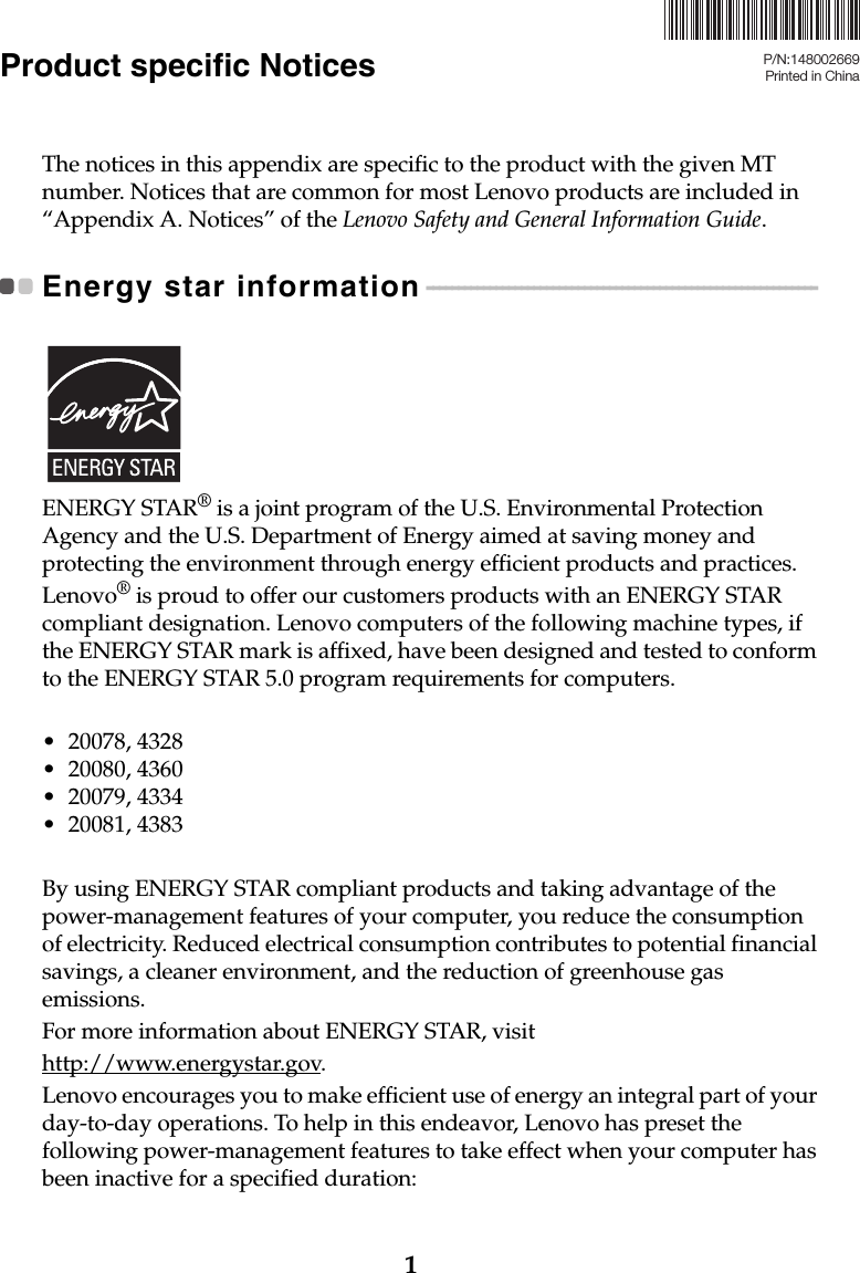 Page 1 of 8 - Lenovo G470G475G570G575 Product Specific Notices V1.0 (English) G470&G475&G570&G575 EN User Manual G475 Laptop (Lenovo) - Type 4360