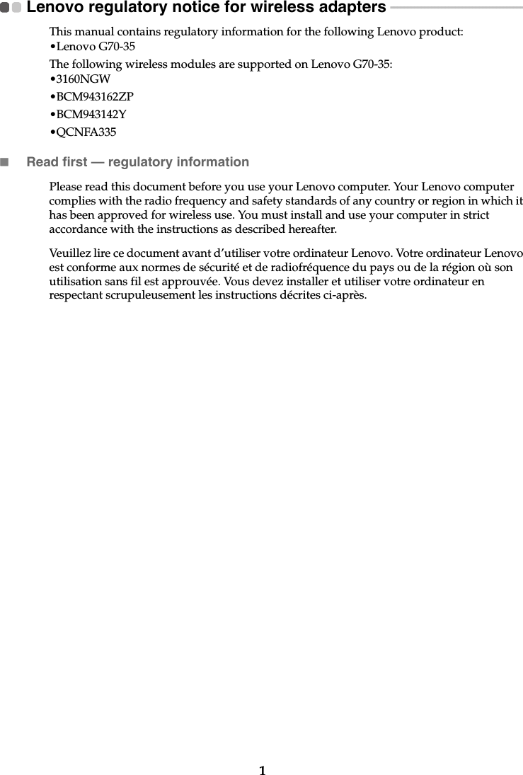 Page 2 of 7 - Lenovo G70-35 Web Rn Us Ca 201507 US&CA User Manual Regulatory Notice (United States & Canada) - Laptop (Lenovo)