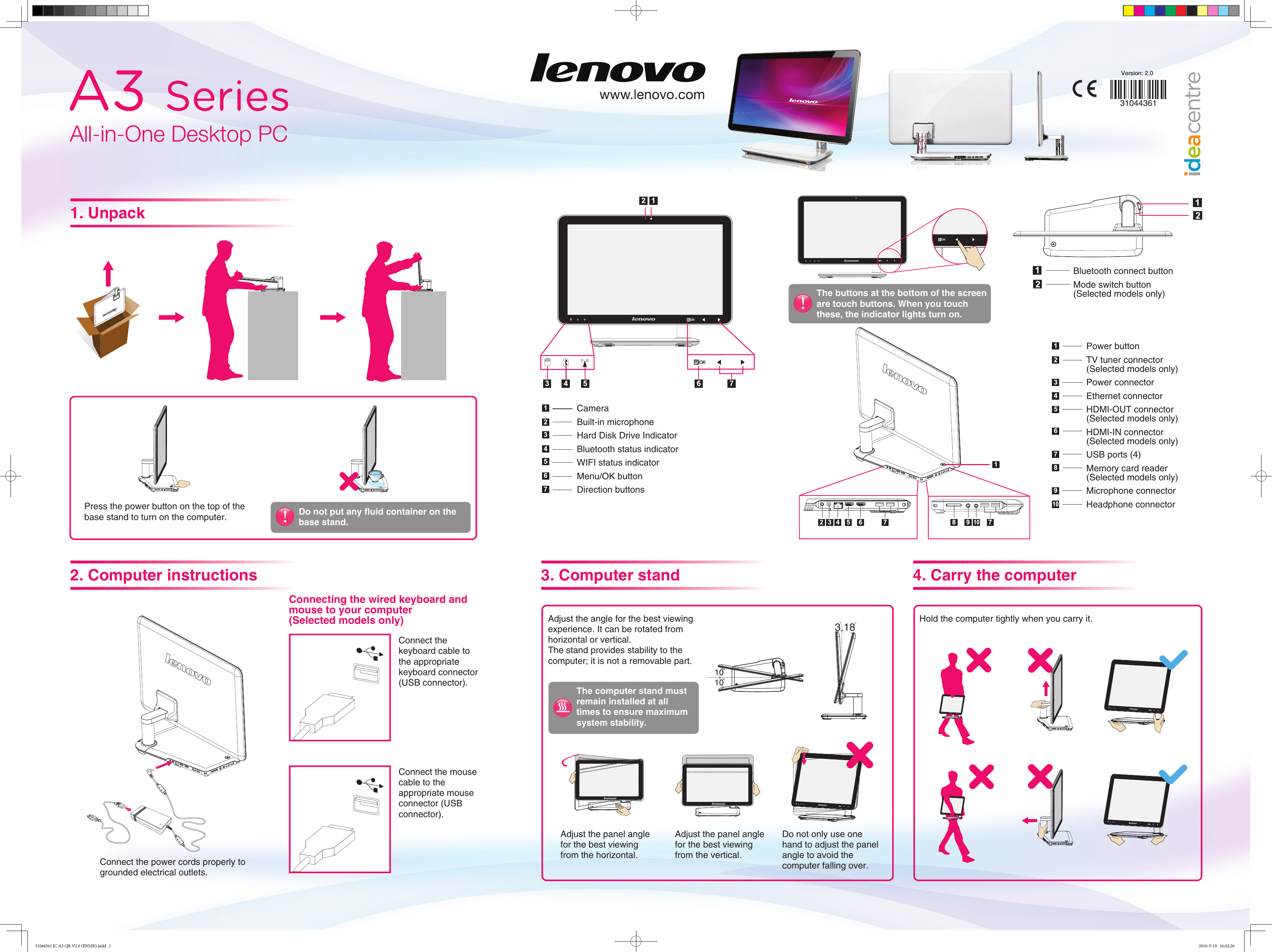 Page 1 of 2 - Lenovo Ideacentre A3 Series Quick Reference V2.0 User Manual Idea Centre A310 All-in-One (ideacentre) - Type 10056