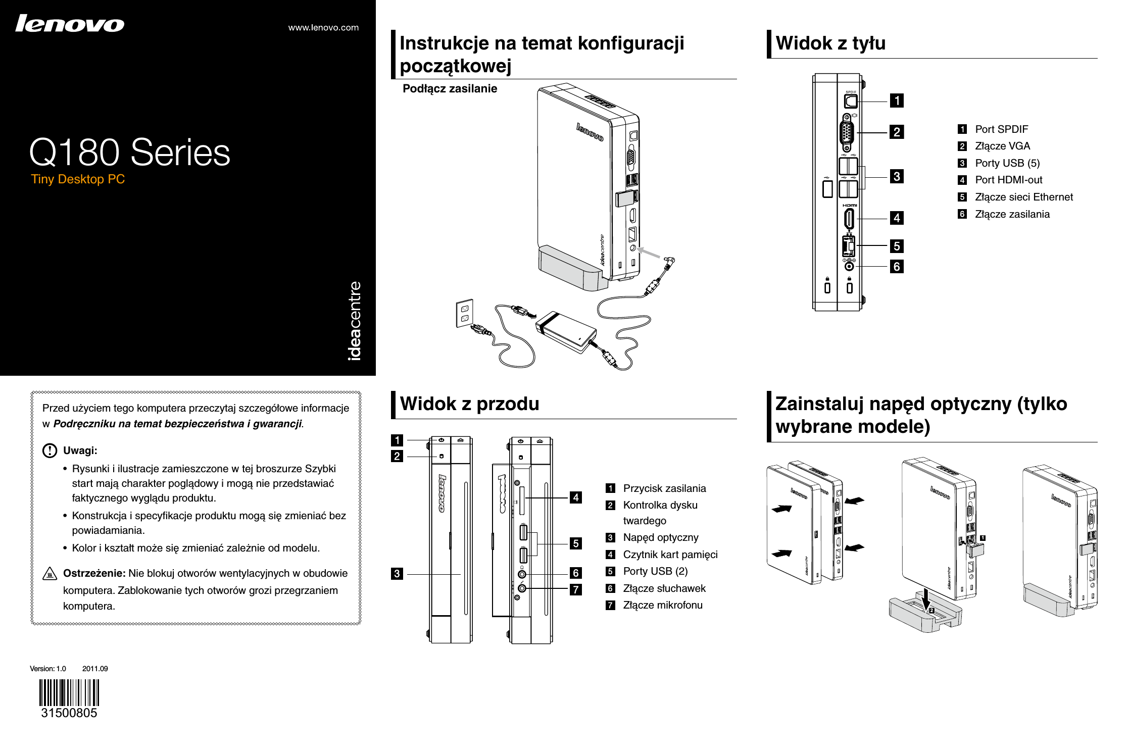 Page 1 of 2 - Lenovo Ideacentre Q180 Quick Reference V1.0(Polish) User Manual V1.0 - Idea Centre Desktop (ideacentre) Type 3110