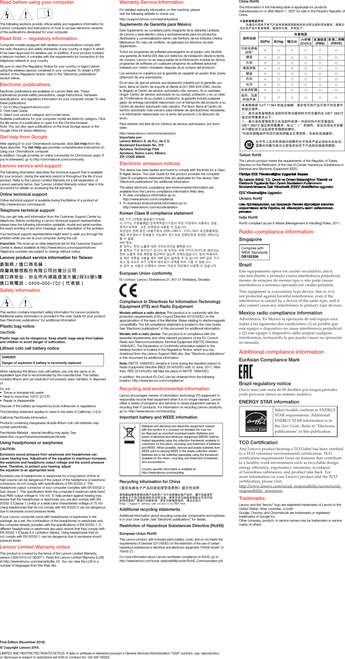 Page 2 of 2 - Lenovo N23 Swsg En 201701 User Manual (English) Safety, Warranty, And Setup Guide - Chromebook (Lenovo)