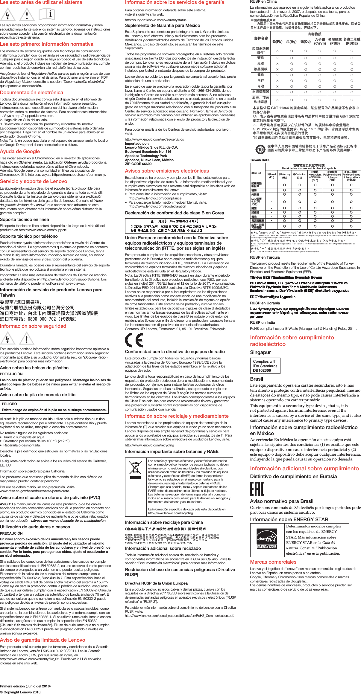 Page 2 of 2 - Lenovo N42-20 N42-20-Touch Chromebook Swsg Es 201611 User Manual (Spanish) Safety, Warranty, And Setup Guide - Chromebook, Touch (Lenovo)