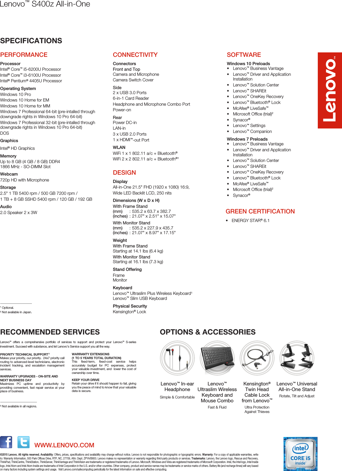 Page 2 of 2 - Lenovo S400Z Aio Spec Sheet 201509 User Manual All-in-One (Lenovo) - Type 10HB