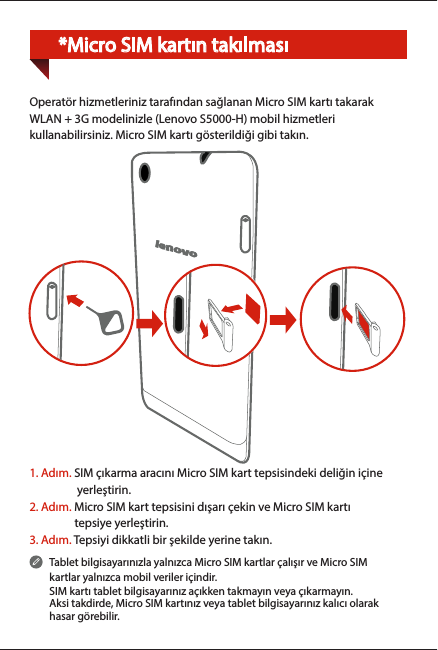 Page 4 of 6 - Lenovo S5000 Qsg Tu V1.0 20130930 5SC9A463MB 110_74mm 20130816 User Manual (Turkish) Quick Start Guide - TAB Tablet (S5000-F, S5000-H) Type Z0AC