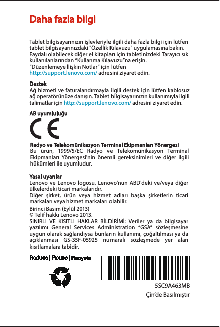 Page 6 of 6 - Lenovo S5000 Qsg Tu V1.0 20130930 5SC9A463MB 110_74mm 20130816 User Manual (Turkish) Quick Start Guide - TAB Tablet (S5000-F, S5000-H) Type Z0AC