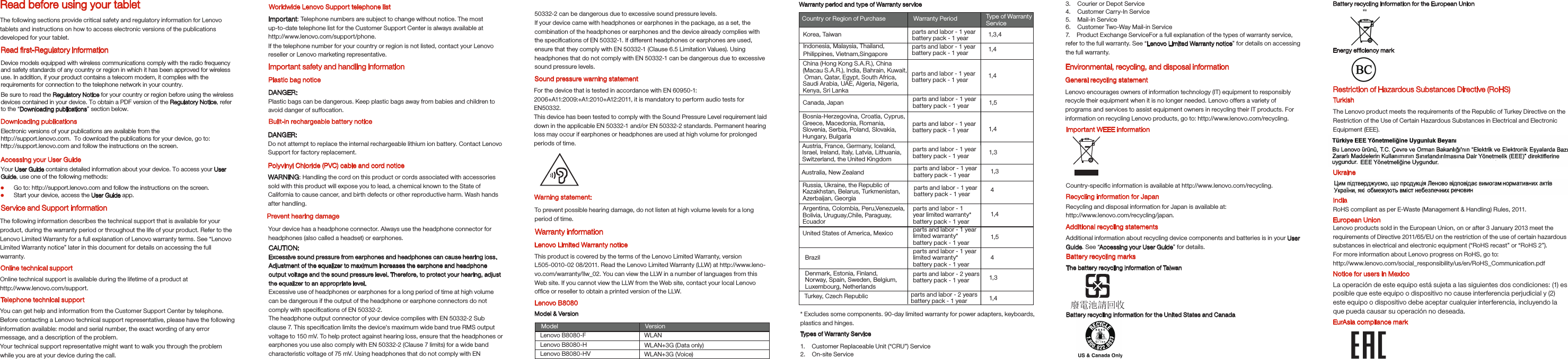 Page 2 of 2 - Lenovo Yoga Tablet 10 Hd Swsg En V1.0 20140328 5SC9A467R3 HD+ 125_85mm 20140227 User Manual (English) Safety, Warranty & Quick Start Guide - (B8080) Type Z0B6