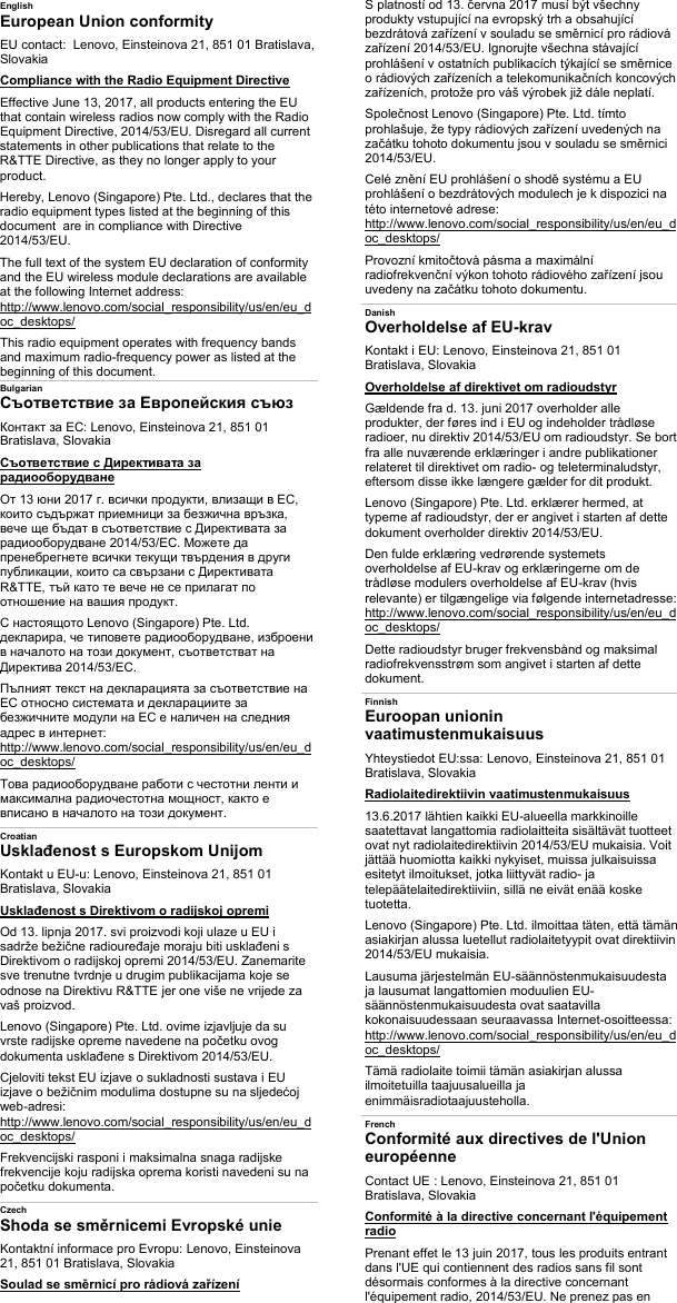 Page 3 of 6 - Lenovo M715Ts Sf60H00515 Declaration Of Conformity To EU Directive 2014/53/EU User Manual RED Compliance Flyer - Think Centre M715t And M715s Desktop (Think Centre) Type 10MB