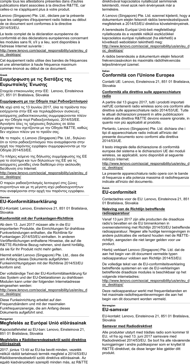 Page 4 of 6 - Lenovo M715Ts Sf60H00515 Declaration Of Conformity To EU Directive 2014/53/EU User Manual RED Compliance Flyer - Think Centre M715t And M715s Desktop (Think Centre) Type 10MB