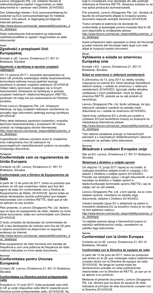 Page 5 of 6 - Lenovo M715Ts Sf60H00515 Declaration Of Conformity To EU Directive 2014/53/EU User Manual RED Compliance Flyer - Think Centre M715t And M715s Desktop (Think Centre) Type 10MB