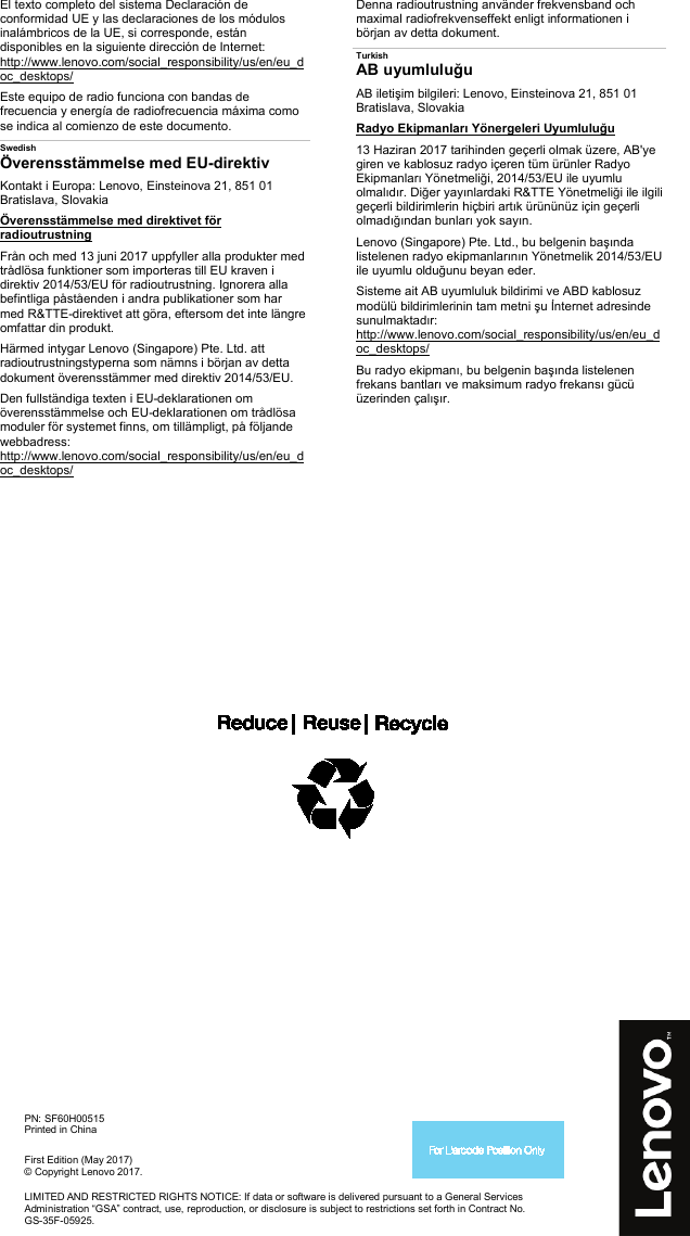 Page 6 of 6 - Lenovo M715Ts Sf60H00515 Declaration Of Conformity To EU Directive 2014/53/EU User Manual RED Compliance Flyer - Think Centre M715t And M715s Desktop (Think Centre) Type 10MB