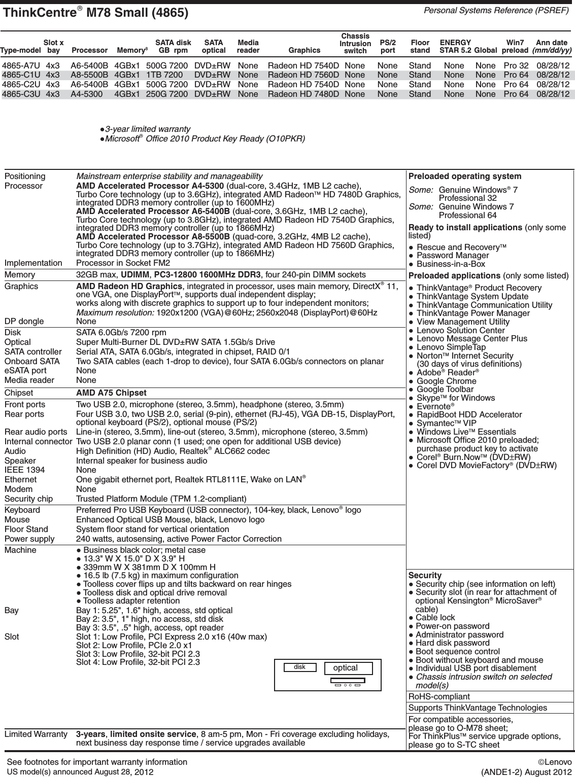 Page 3 of 9 - Lenovo M78 Product Specifications User Manual Desktop (Think Centre) - Type 2111