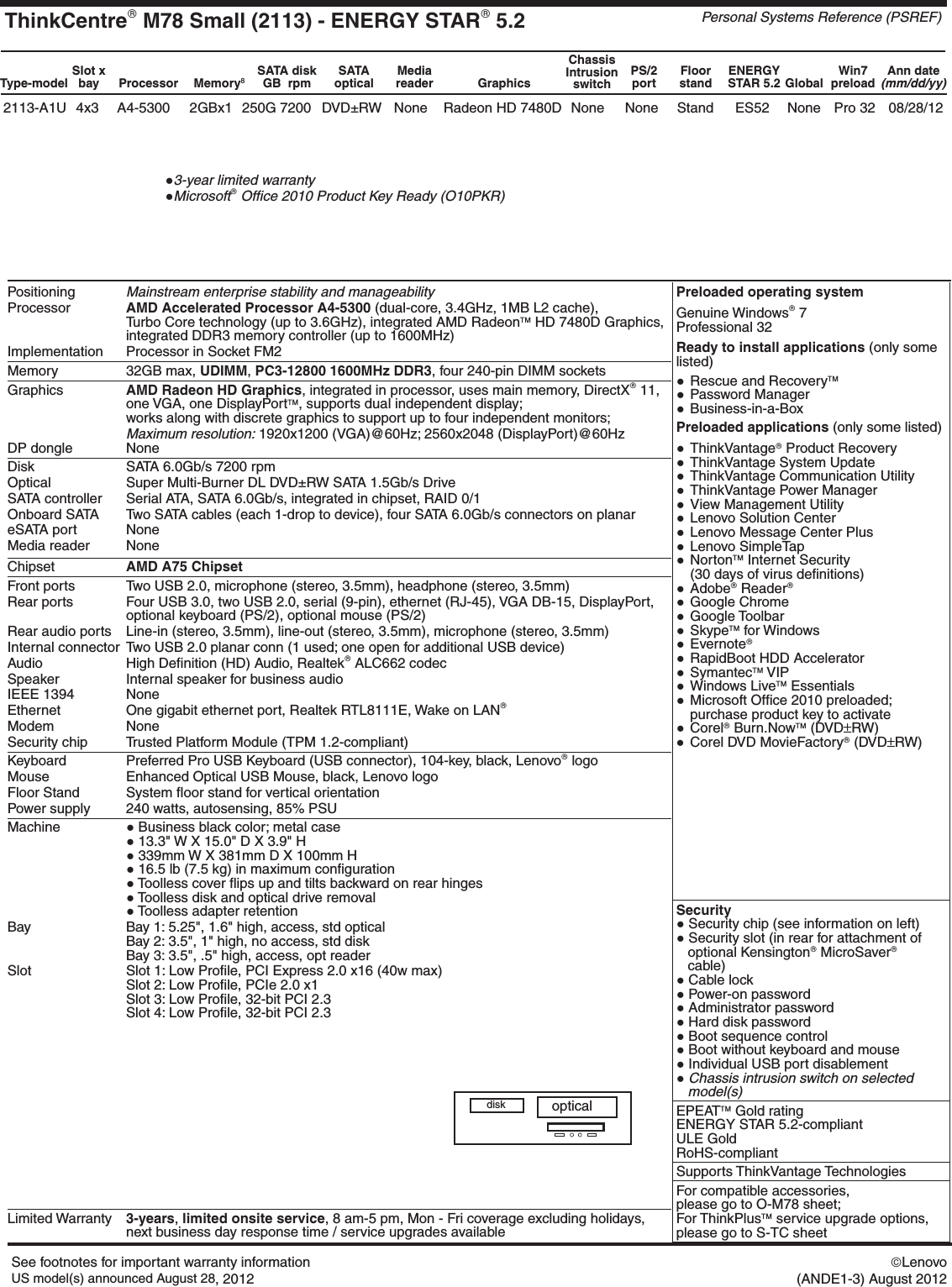 Page 4 of 9 - Lenovo M78 Product Specifications User Manual Desktop (Think Centre) - Type 2111