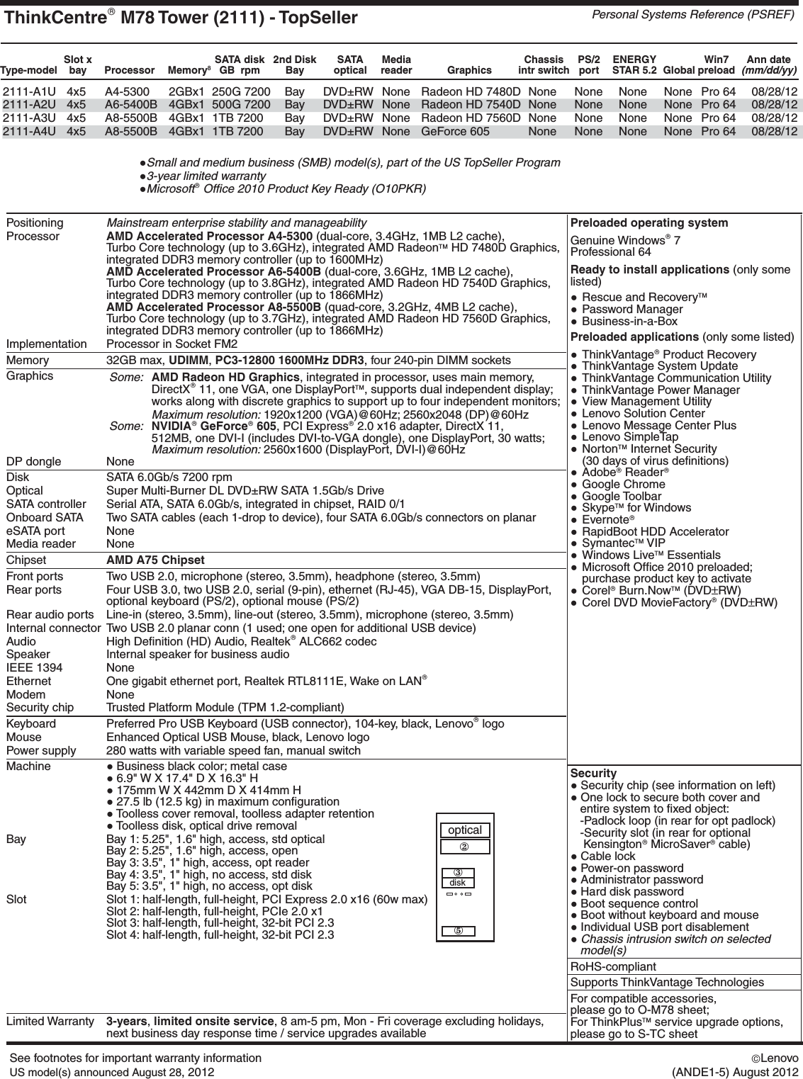 Page 6 of 9 - Lenovo M78 Product Specifications User Manual Desktop (Think Centre) - Type 2111