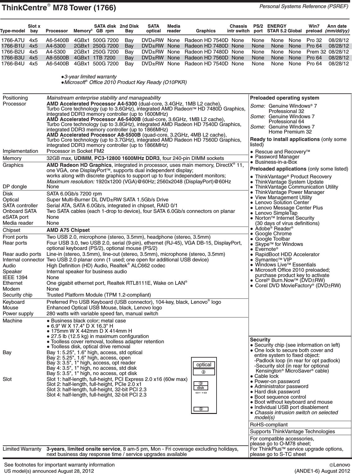 Page 7 of 9 - Lenovo M78 Product Specifications User Manual Desktop (Think Centre) - Type 2111