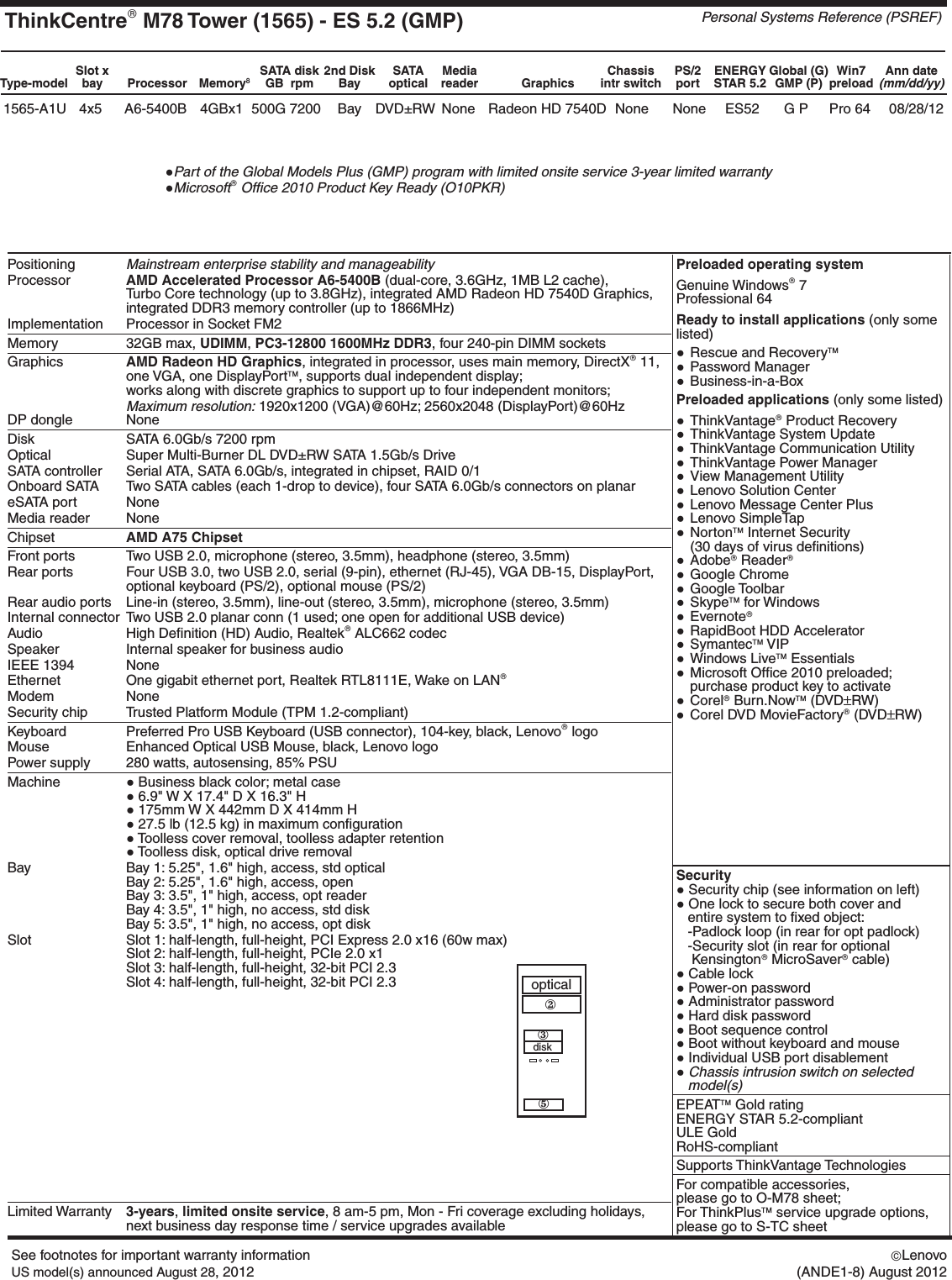 Page 9 of 9 - Lenovo M78 Product Specifications User Manual Desktop (Think Centre) - Type 2111