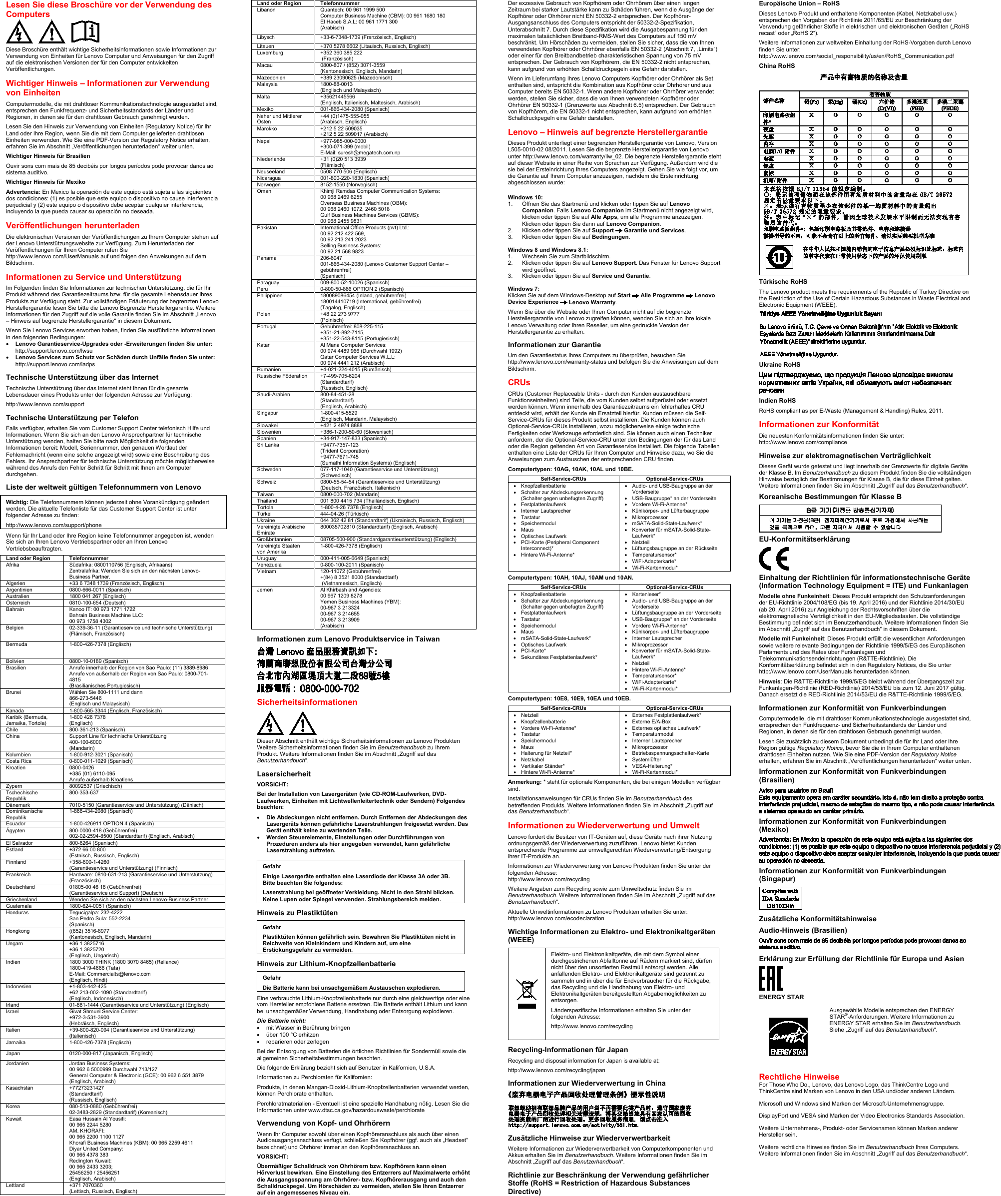 Lenovo M83 Swsg De User Manual (German) Safety, Warranty And Setup