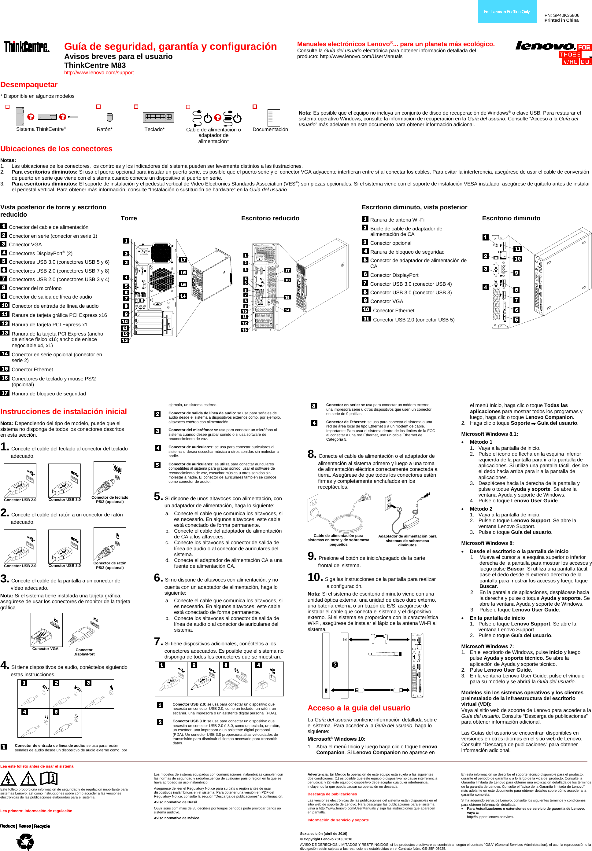 Page 1 of 2 - Lenovo M83 Swsg Es User Manual (Spanish) Safety, Warranty And Setup Guide Desktop (Think Centre) - Type 10E8